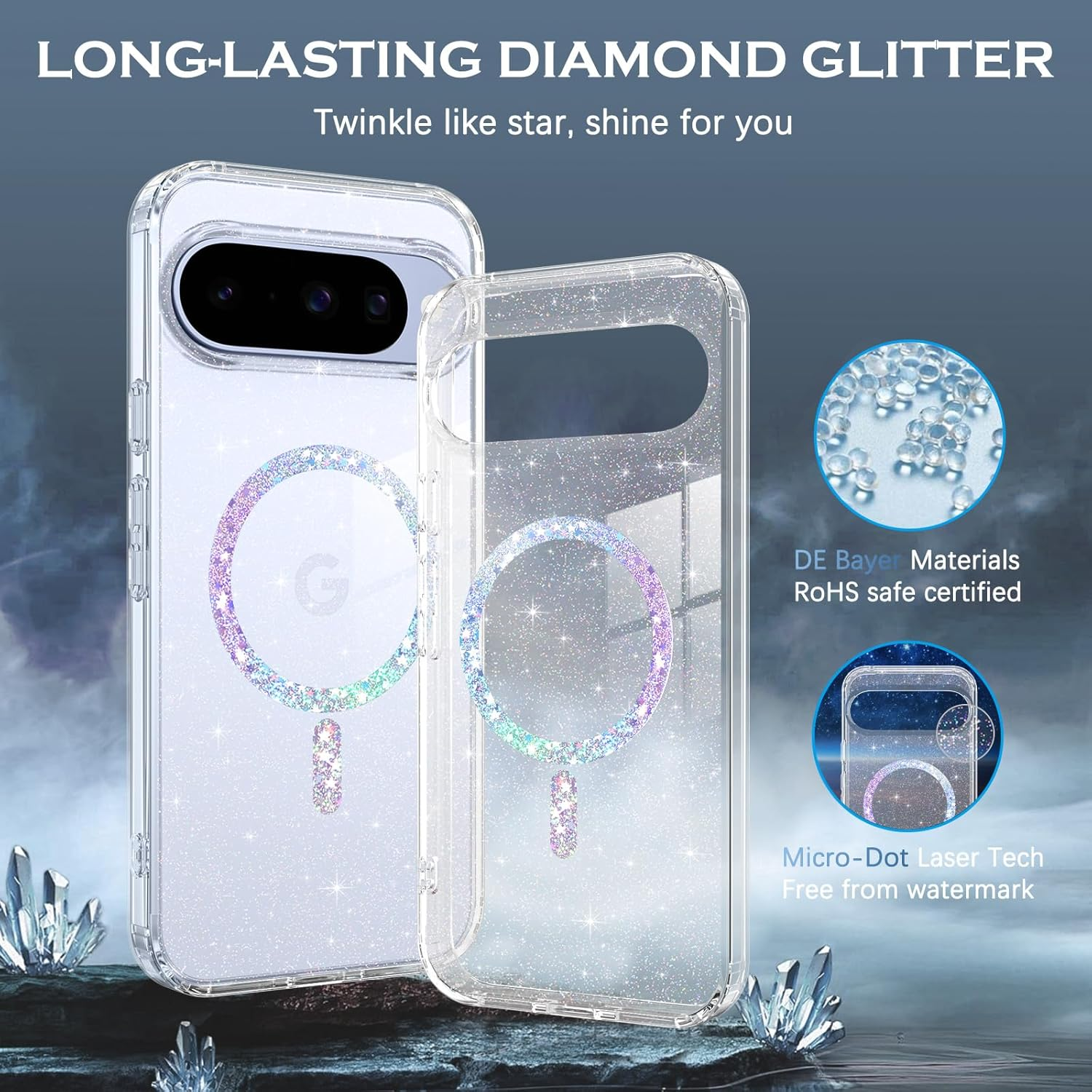 GUAGUA for Google Pixel 10/10 Pro Case,[Compatible with Magsafe] Mobile Phone Case Magnetic Transparent Glitter Lightweight Thin Cover Case Protective Case Google Pixel 10/10 Pro, Crystal Clear