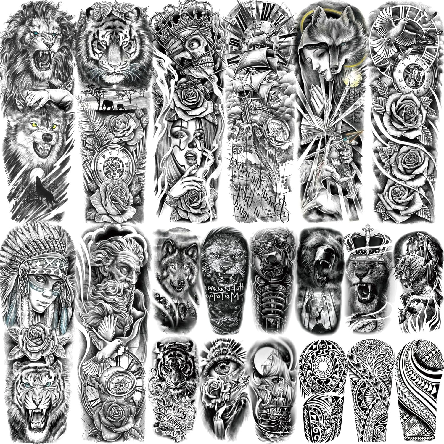 20 Sheets Black Wolf Tiger Lion Full Arm Temporary Tattoos Men Women Adhesive Tattoos Adults Ship Zeus God Rose Flower Half Sleeve Adhesive Tattoos for Sticking, Waterproof Fake Tattoo Stickers image number 1