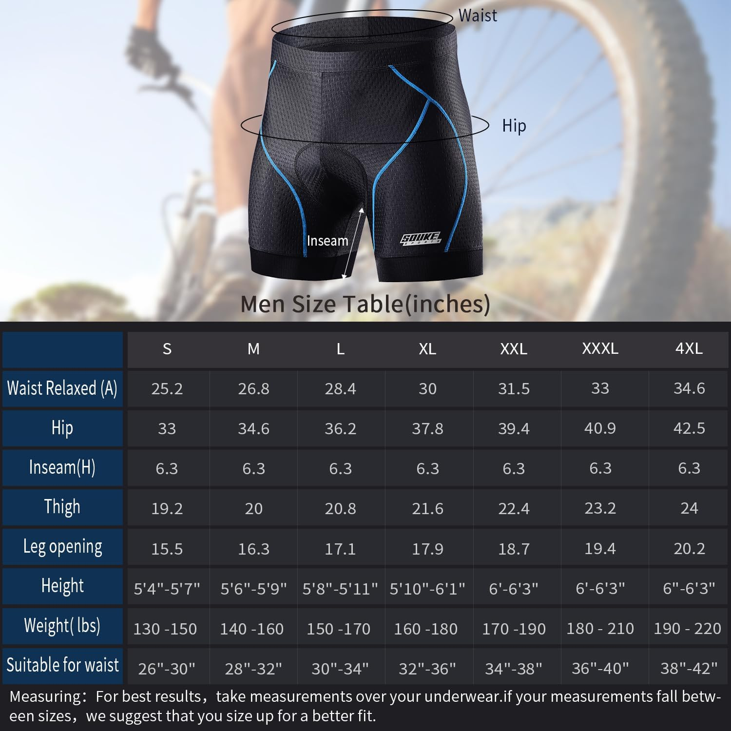 Souke Sports Men'S Cycling Underwear Shorts 4D Padded Bike Bicycle MTB Liner Shorts with Anti-Slip Leg Grips