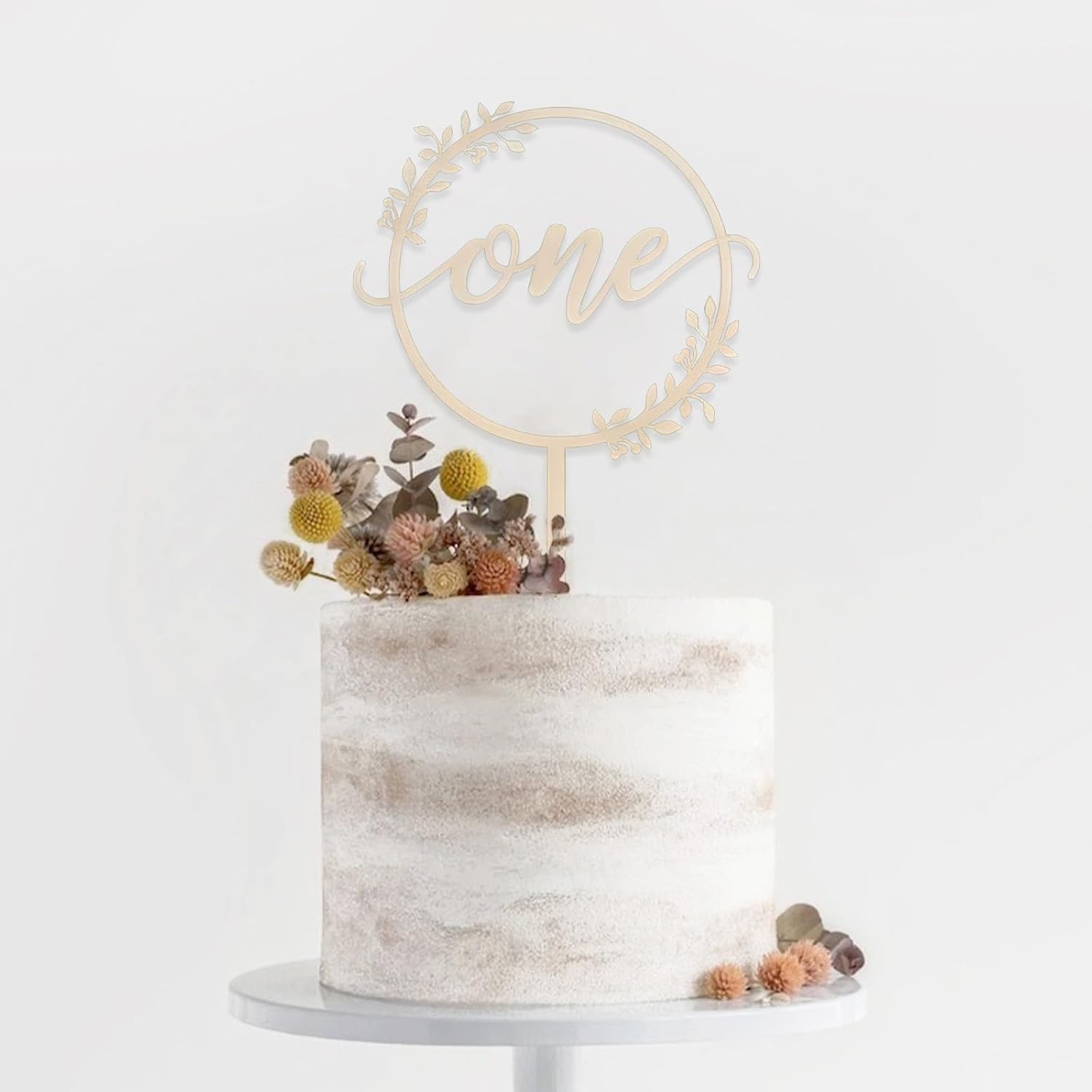 Wooden "One" Birthday Cake Decoration with Floral Garland Design - Wedding Anniversary Decoration - Suitable for Children or Adults as Birthday or Party Decoration