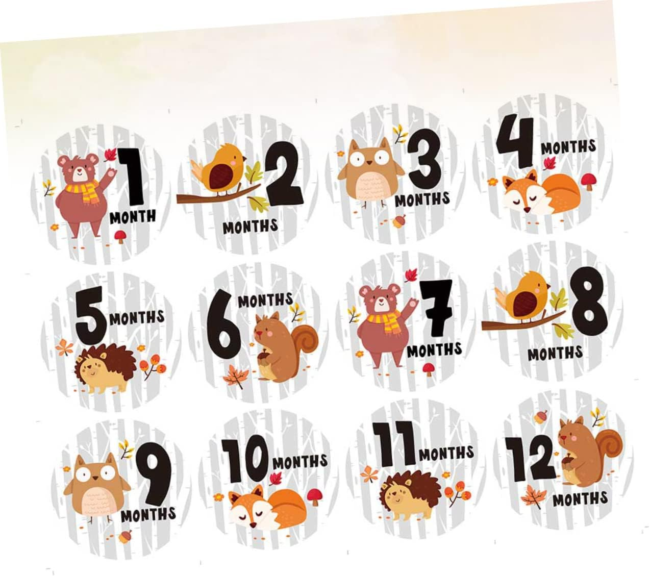 12Pcs Milestone Stickers Months Newborn Photography round Shape Animal Pattern Belly Stickers image number 1