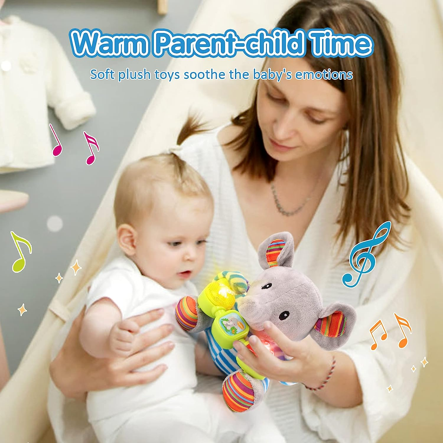 Qizebaby Toys for Babies 0 3 6 9 12 Months-Plush Elephant Music Toddler Toy- Newborn Musical Toys for Baby 6 to 12 Months-Montessori Stuffed Animal for Kids- Baby Toys Gifts for Boys Girls Toddlers