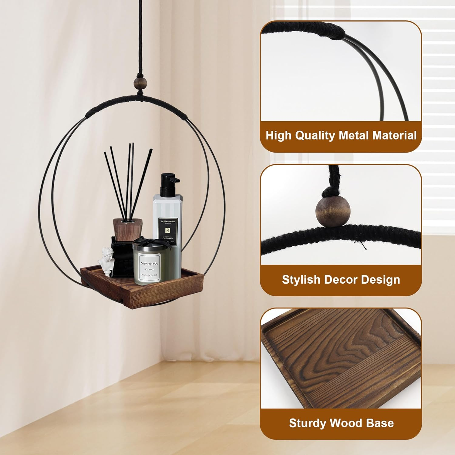 2 Pack Hanging Plant Holder, Metal Wall Hanging Planter with Wood Base, Plant Hangers Indoor, Hanging Flower Basket for Outdoors, Swinging Plant Pot for Room Ceilings Window (Brown) image number 4