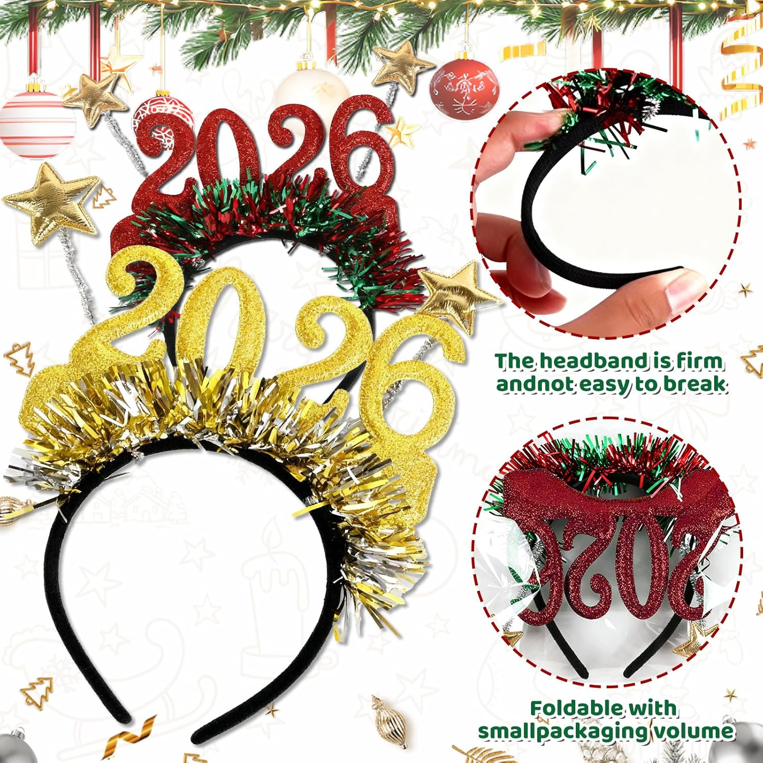 Oneroomone Pack of 2 Headband Christmas Photo Props 2026, 2026 Happy New Year Headband - 2 Pieces Festive Colour Stripes Headdress 2026 - Christmas Accessories Decorations (Gold/Red) image number 5