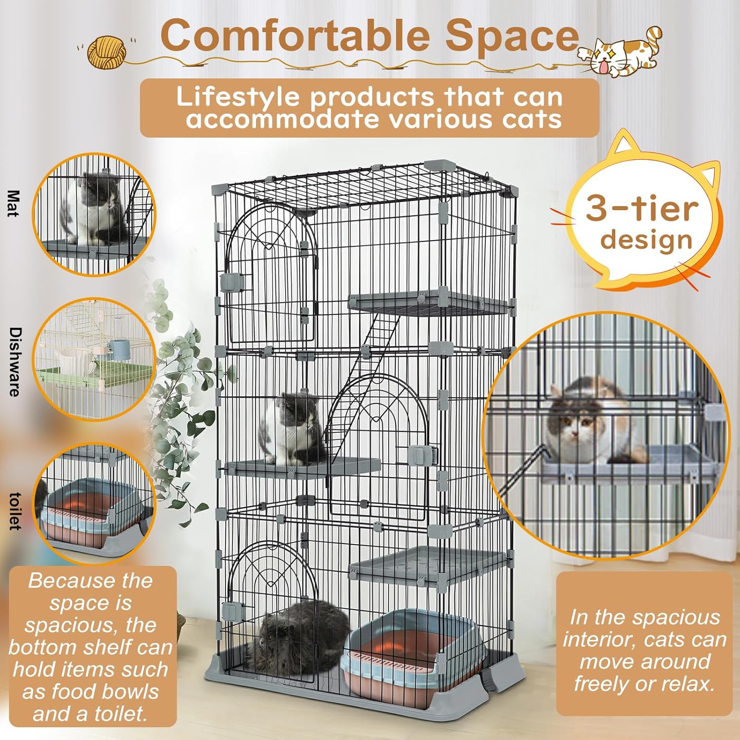 Cat Cage 3-Tier Indoor Cat Enclosure with Widen Bottom Buckle & Reinforced Locking Clamps DIY Cat Playpen for 1-2 Cats & Small Pets,30" L X 20" W X 52.5" H (Grey, Three-Tier) image number 4