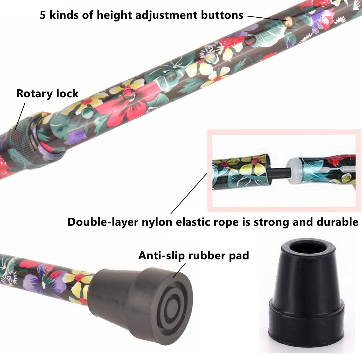 Foldable Walking Cane, 5 Level Height Adjustable with Smooth Wood Handle, Portable Collapsible Cane for Seniors, Black image number 3