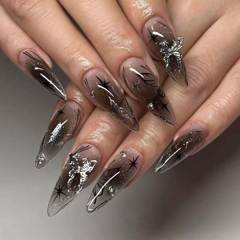 24 Pieces Push on Almond Nails Shiny False Nails Black Ombre Full Surface Glue on Nails with Metal Butterfly Designs image number 2