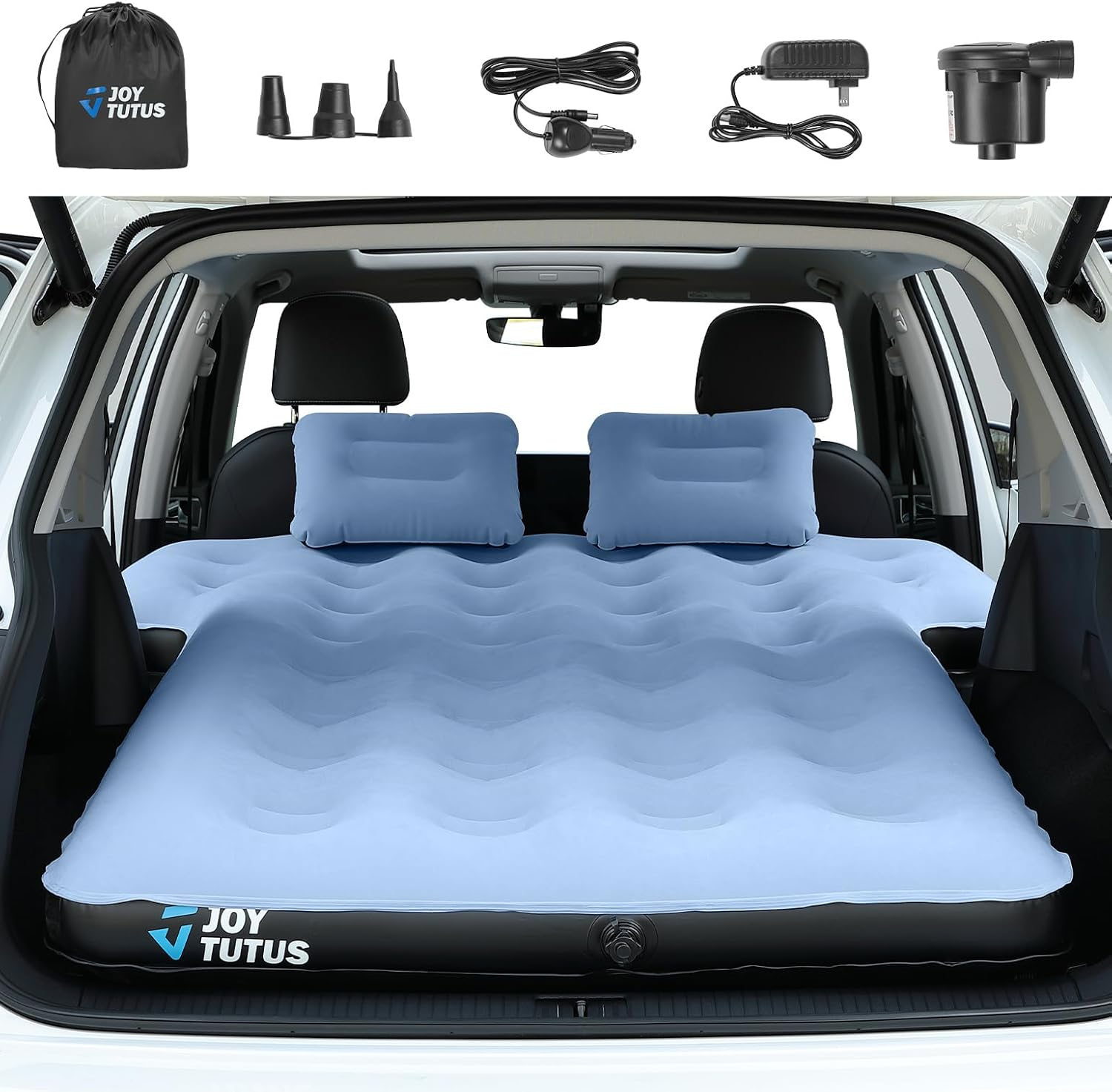 JOYTUTUS SUV Air Mattress Camping Bed,3.0 Thickened Flocking Car Camping Inflatable Mattress,Anti-Leakage,With 2 Pillows & Electric Pump Universal Car Bed for SUV Trunk and Rear Seat,Camel