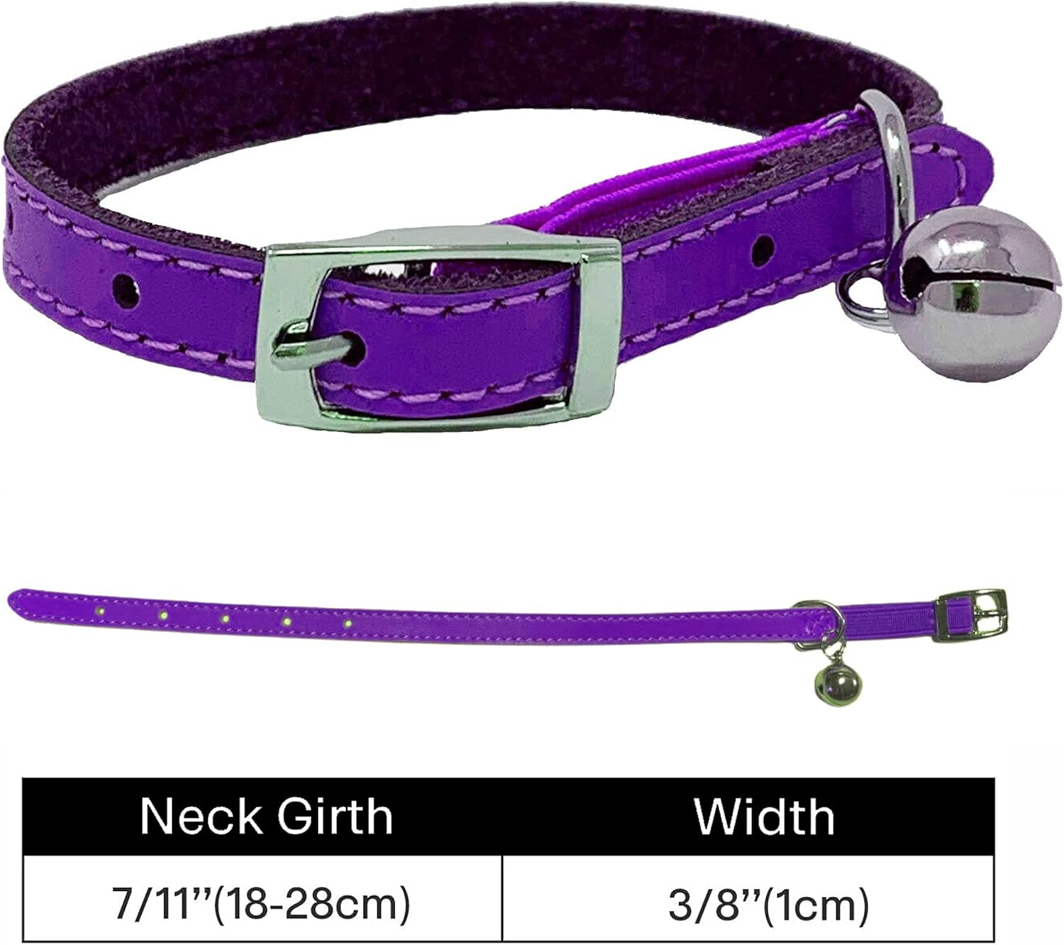 Cat Collar Real Leather with Safety Elastic, Bell, Available (Purple) image number 1