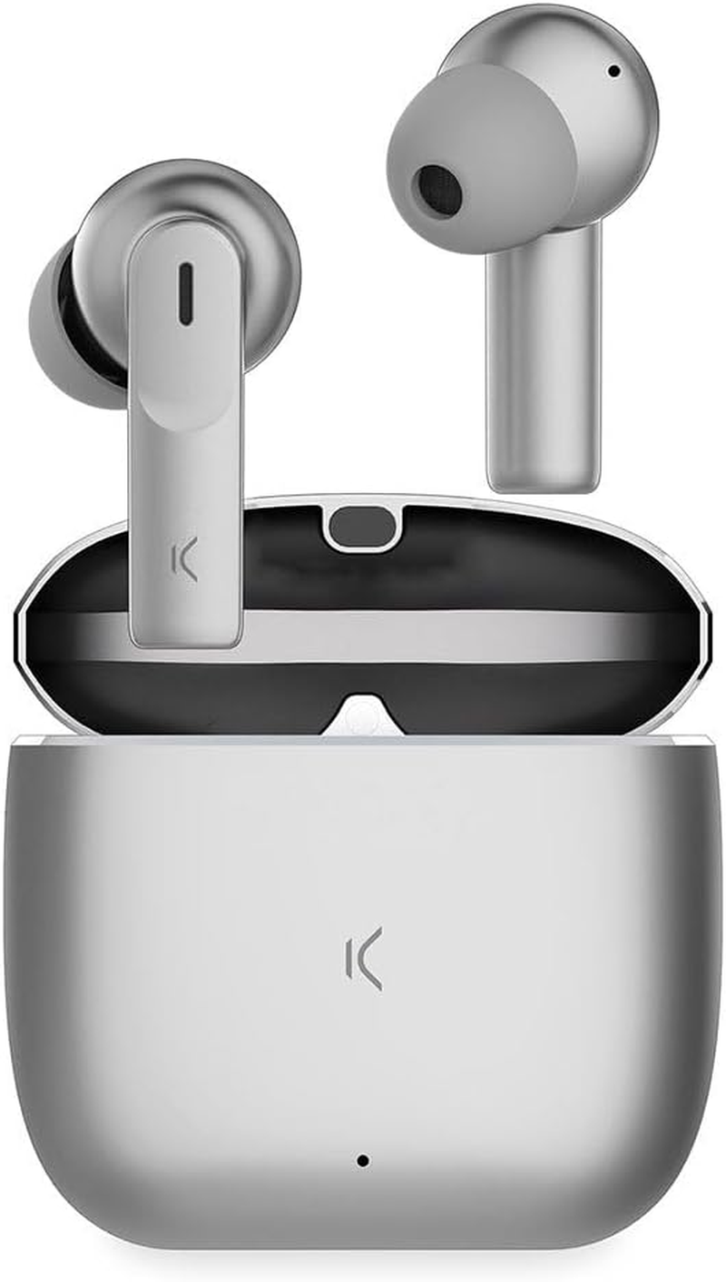 KSIX Meteor Wireless Bluetooth Headphones, HD Calls, ENC Noise Cancelling, Metal Charging Case, True Wireless Stereo, 32 Hours Battery Life, Voice Assistant, Waterproof, Silver