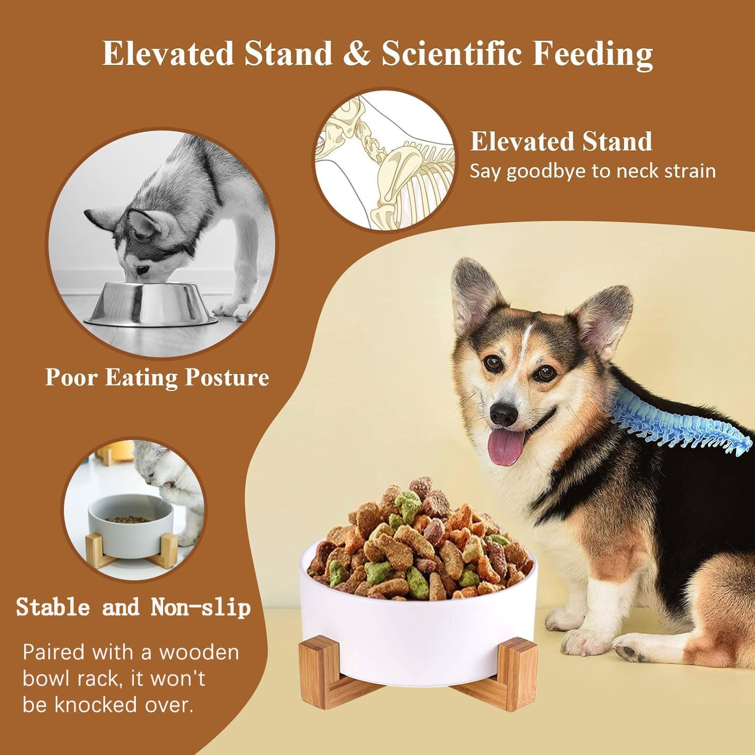 Ceramic Dog Bowl 28OZ with Wood Stand, PRENDIEEN Durable Ceramic Food Water Elevated Dish for Pet 6.1In(15.5Cm) Diameter, Modern Cute Weighted Food Water Set, Cat Dog Food & Water Bowl Set (White) image number 6