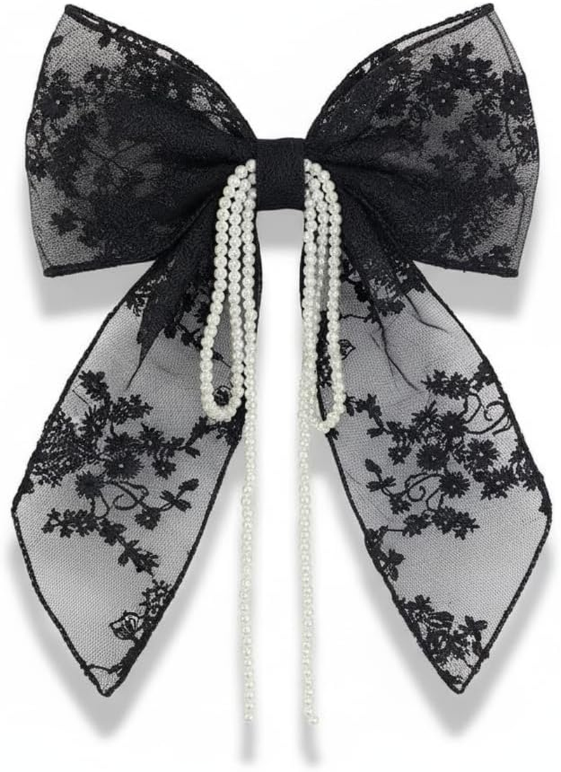 LIVSY Elegant Lace Bow Hair Clip for Women & Girls &ndash; Vintage Black Tie Hair Accessory, Large Barrette with Pearl Ribbon | Stylish Hair Clips, Hair Ties & Claw Clip Alternative - White