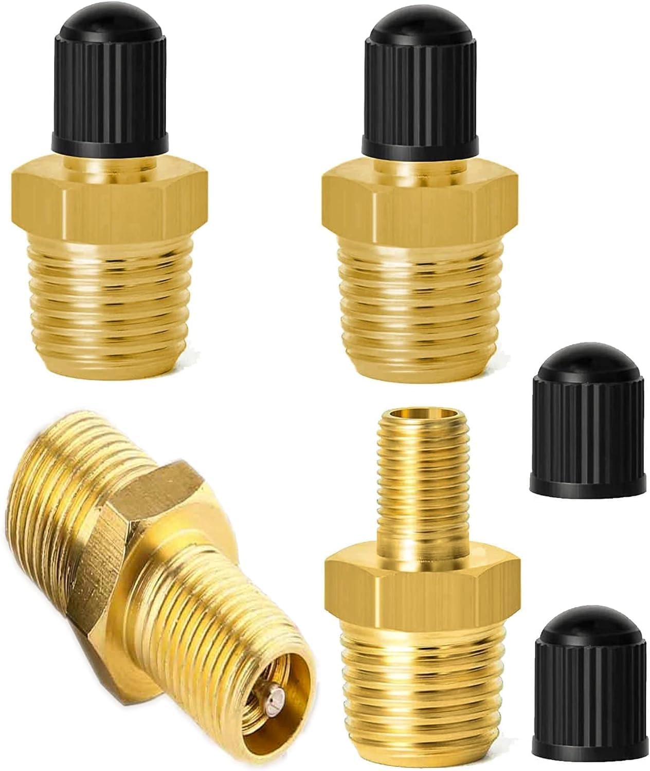 THJOPOKEEL 4Pcs Air Inflator Adapter, Anti-Corrosion Brass Schrader Valve with 1/4" Male NPT, Tire Inflator Connector for Auto Portable Air Compressor/Pump, Includes Protective Caps image number 6