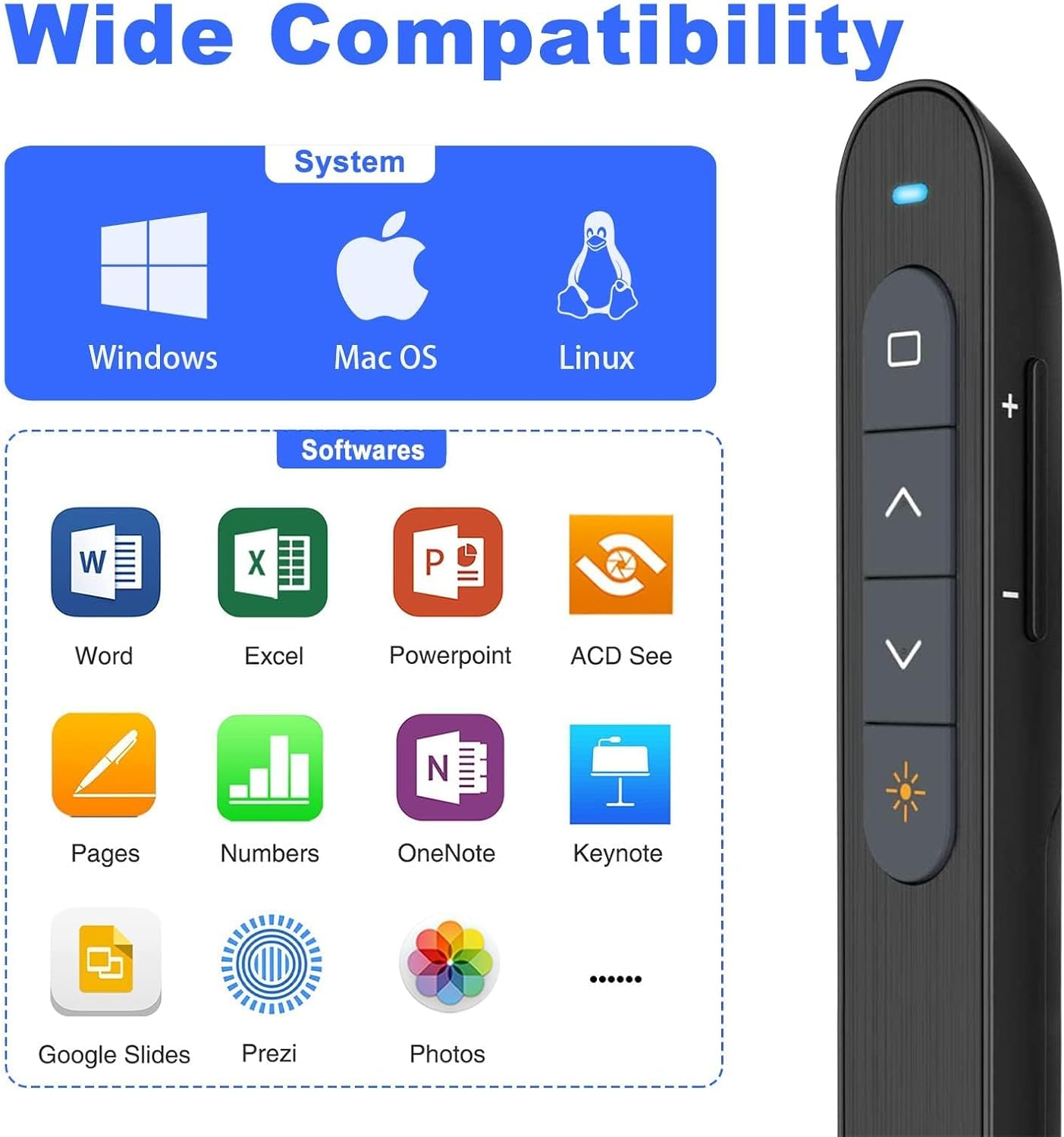 Wireless Presenter Remote with Red Lasr Pointer, Hyperlink Volume Control Presentation Clicker RF 2.4Ghz USB Powerpoint Clicker Presentation Remote Control PPT Pointer Slide Advancer for Computer Mac image number 1