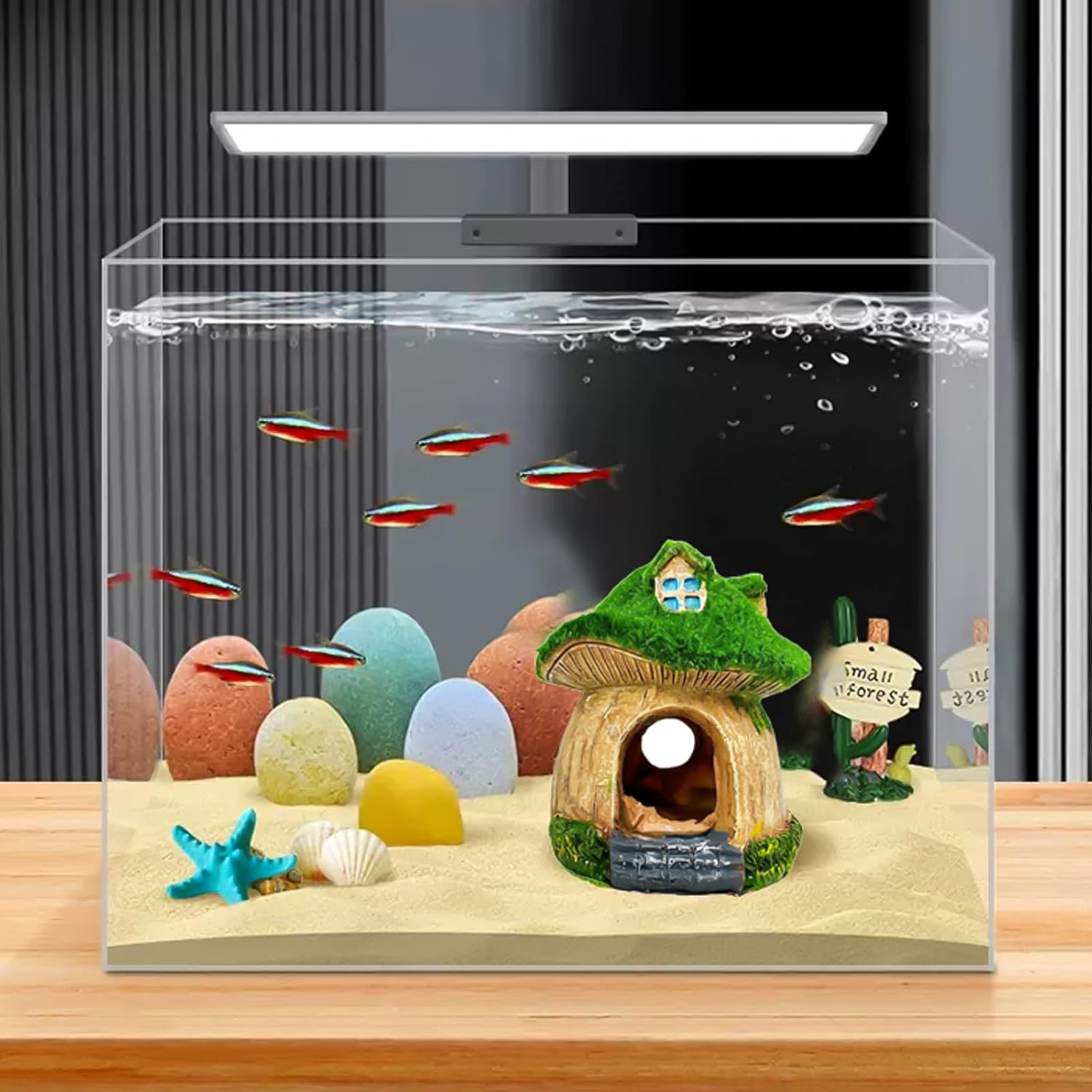 Fish House for Aquarium,Resin Fish Tank Decoration,Mushroom House Fish Cave Shrimp Hideout Shelter with Lifelike Moss,Reptiles Fish and Shrimp Shelter Landscape Cave Decor image number 2