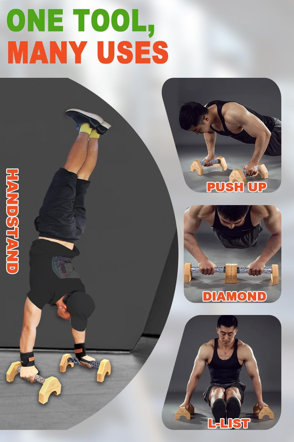 Wooden Parallettes with Wrist Wraps, Push up Bar Push up Handle, Calisthenics Equipment for Fitness, Gymnastics, Aerobics, Home Workout Equipment for Men & Women image number 3