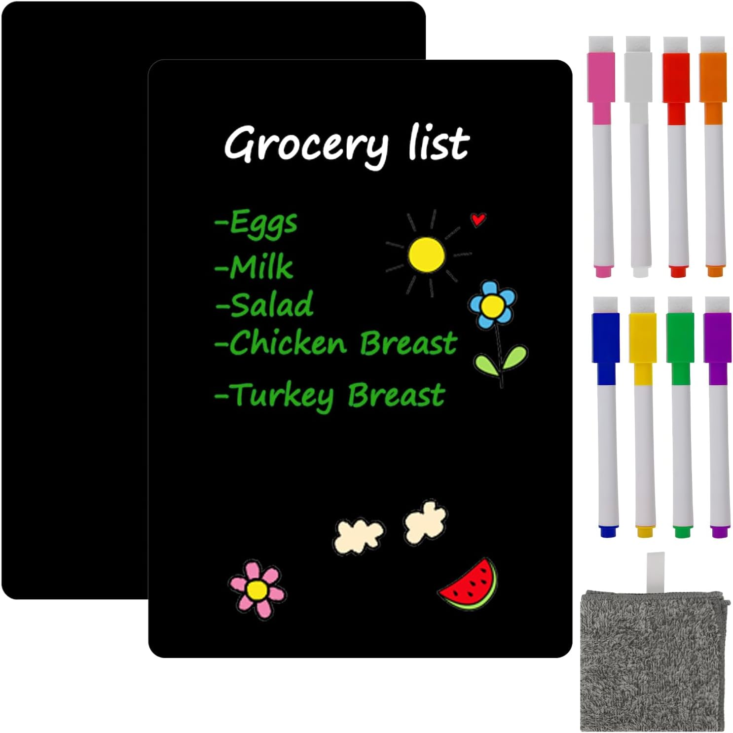 A4 2 Pcs Black Magnetic Dry Erase Whiteboard Sheet for Fridge,Small Magnet Fridge Message Boards with Pens,1 Eraser,Reminder Sticker, Monthly Planner, Grocery List