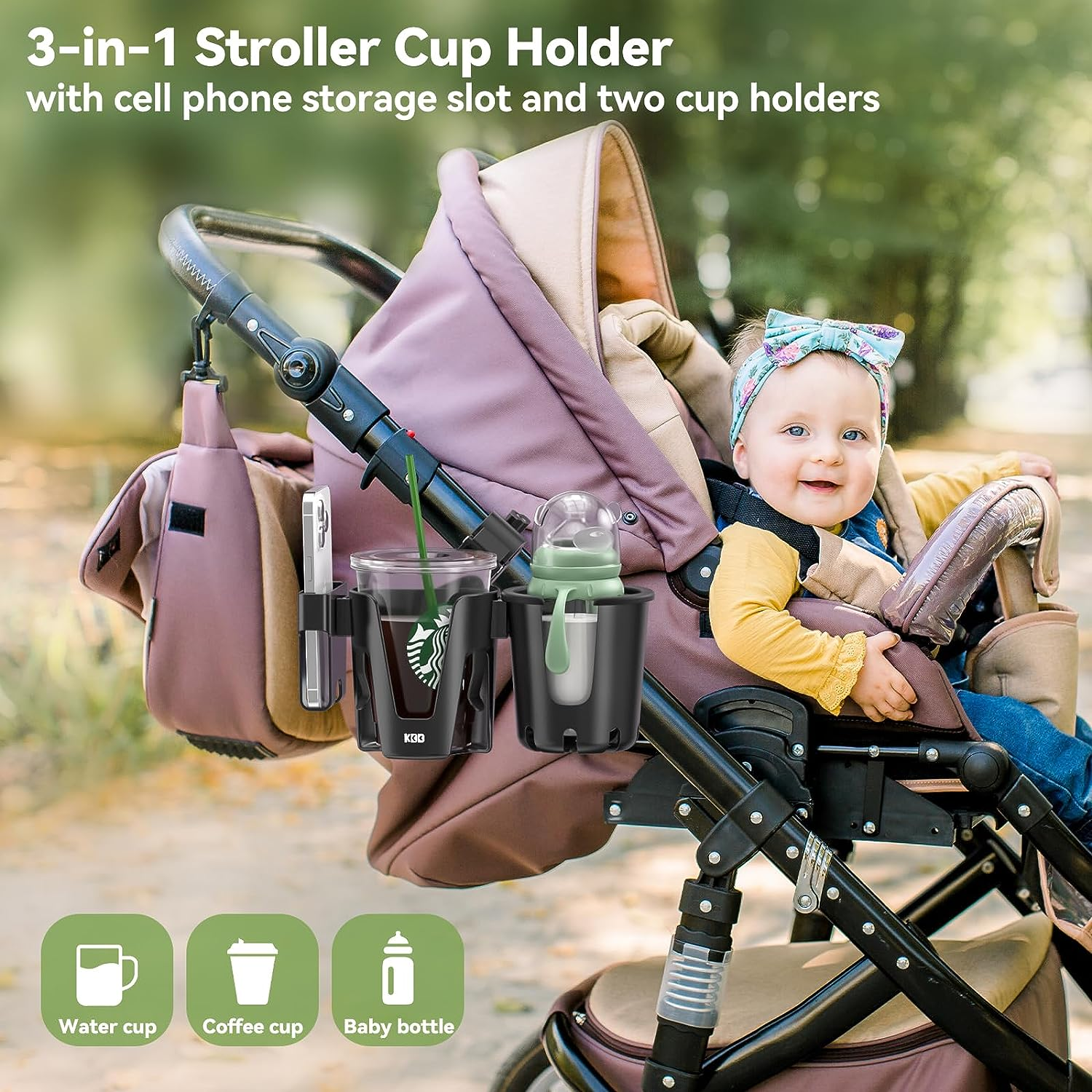KDD Stroller Cup Holder with Phone Holder, 3-In-1 Removable Bottle Holder, 360 Degrees Rotation Drink Holder for Wheelchair, Stroller, Bike, Walker, Scooter, Bicycle, Uppababy, Nuna, Bugaboo, Doona image number 2