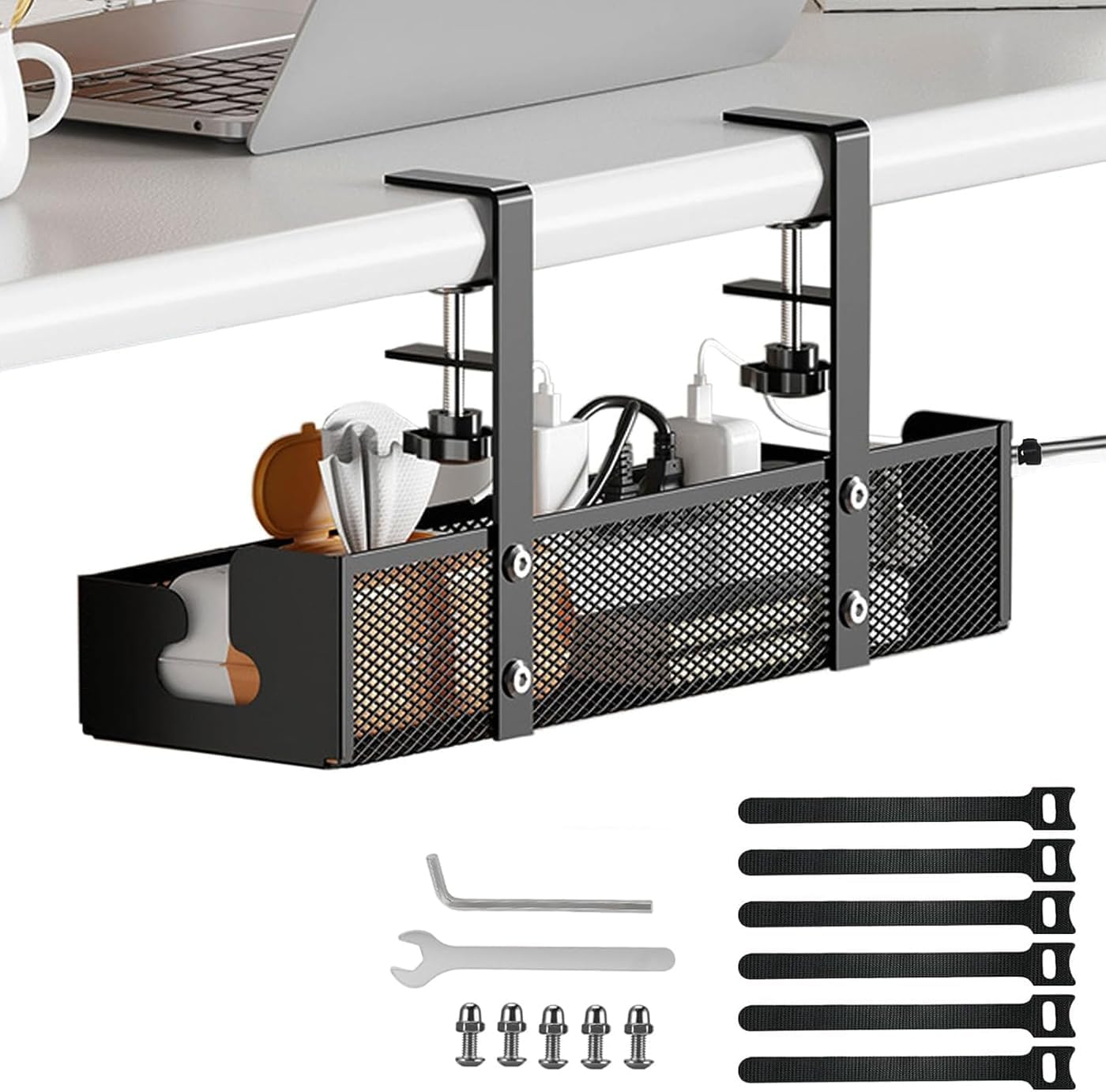 Under Desk Cable Management Tray No Drill, Metal Mesh Cable Management under Desk with Clamp Mount, Table Organizers and Accessories, Cord Storing for Home,Office and Workspace Organizers, Black