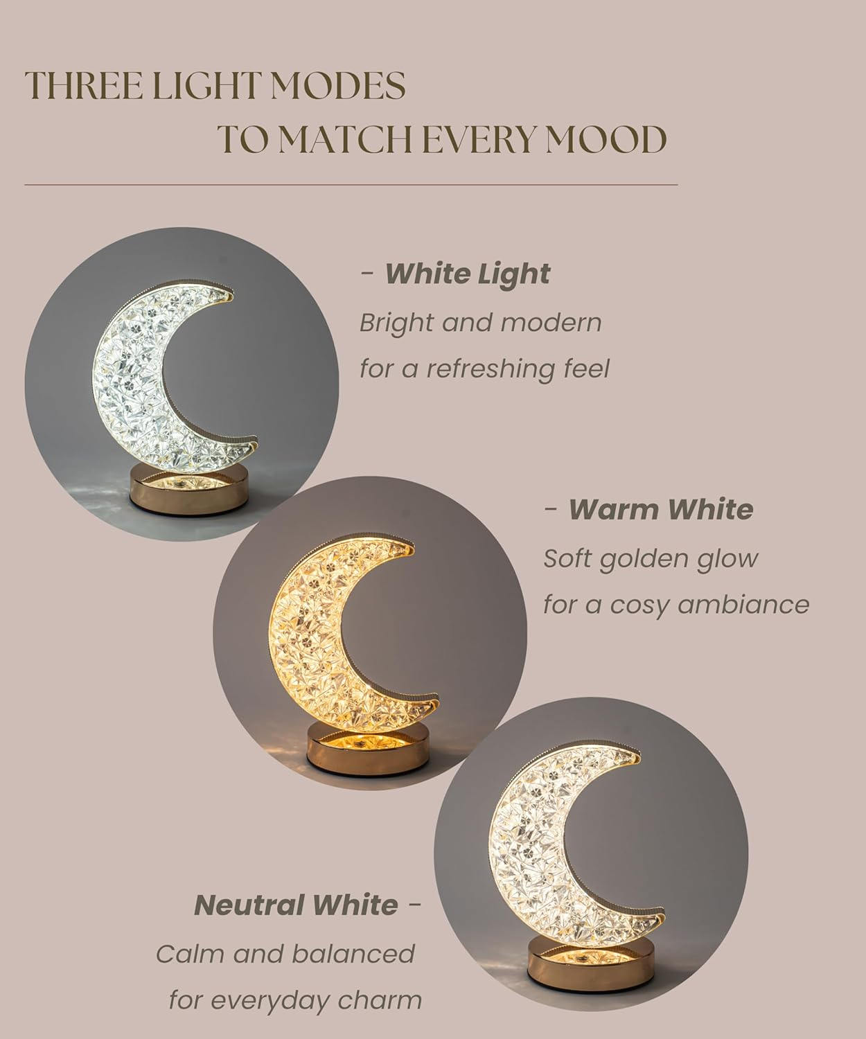 Meletē Moon-Shaped LED Table Lamp - USB Rechargeable, Battery-Operated, 3-Way Dimmable &ndash; Cordless Bedside or Desk Lamp, Cute D&eacute;cor for Bedroom, Living Room, Dining Table &ndash; Aesthetic Gift image number 2