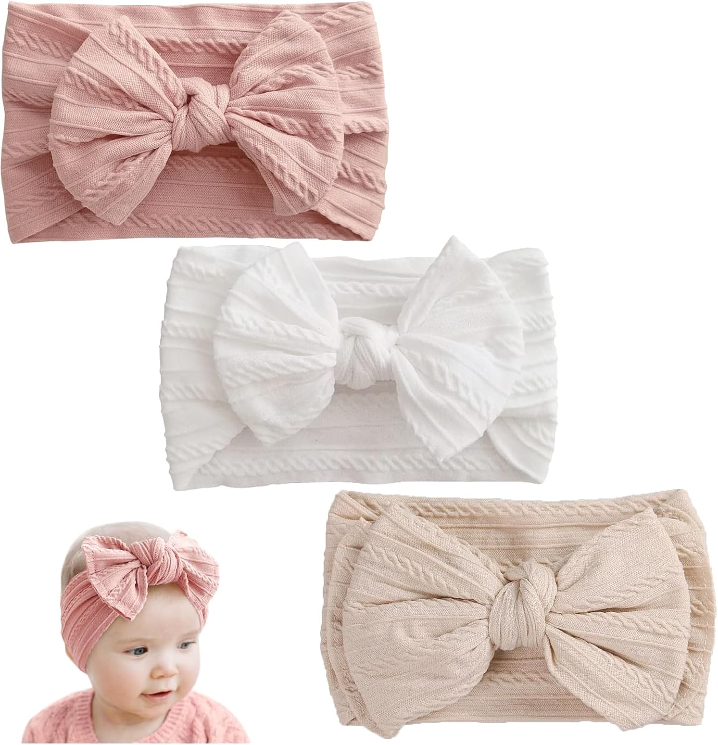 Pack of 3 Baby Girls' Headbands, Elastic Baby Headband, Nylon Soft Hairband, Girls Headband for Newborns, Toddlers (Pink and White and Beige)
