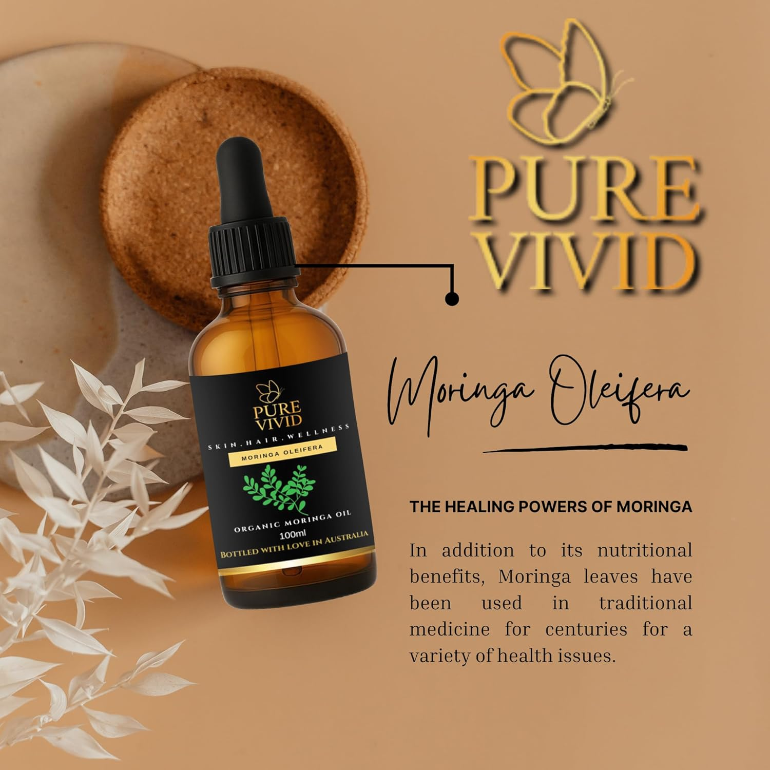 Pure Vivid Organic Moringa Oil &ndash; 100Ml Cold Pressed| 100% Pure | | Natural Carrier Oil for Skin, Hair & DIY Blends | Moringa Oleifera | Glass Dropper Bottle image number 2