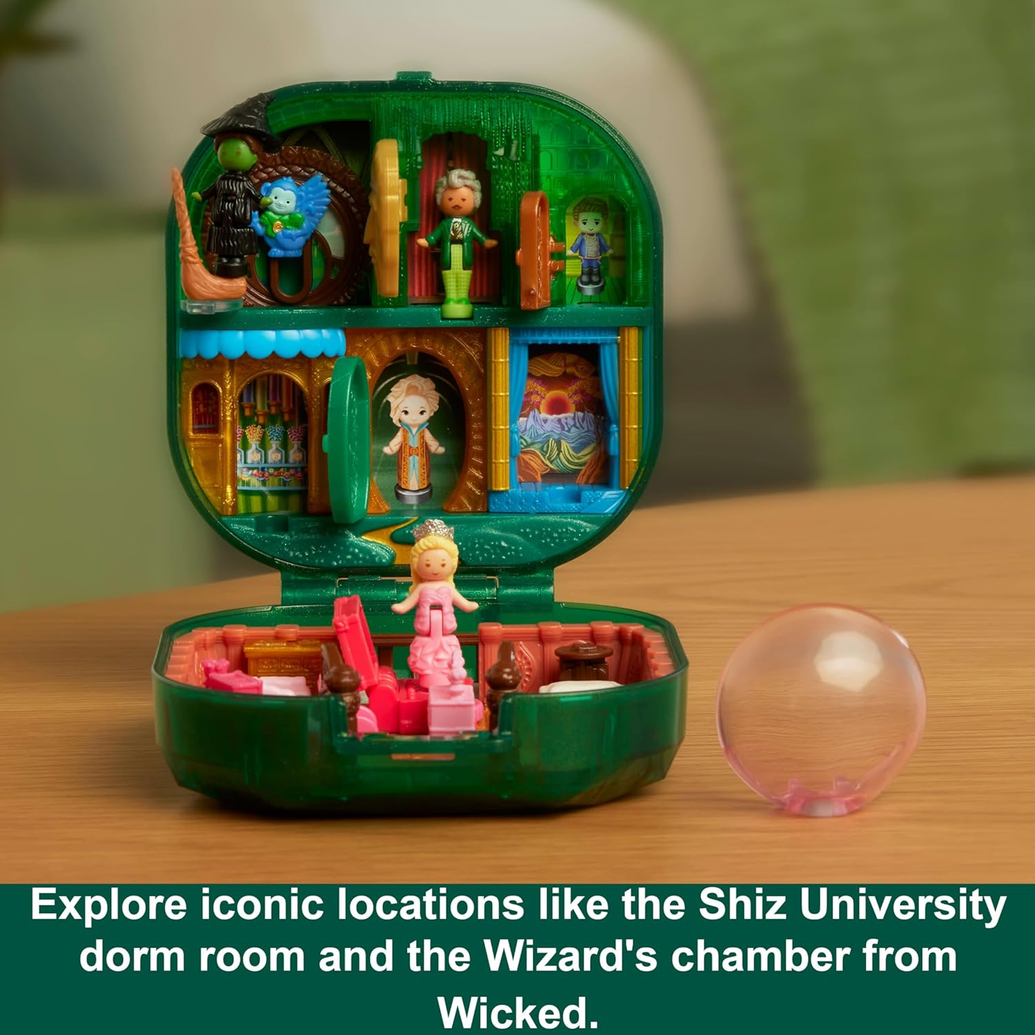 Polly Pocket Wicked X Polly Pocket Collector Compact, Micro Dolls and Playset, 2 Themed Accessories, Iconic Shiz & Oz Locations, Glinda, Elphaba, & the Wizard image number 6