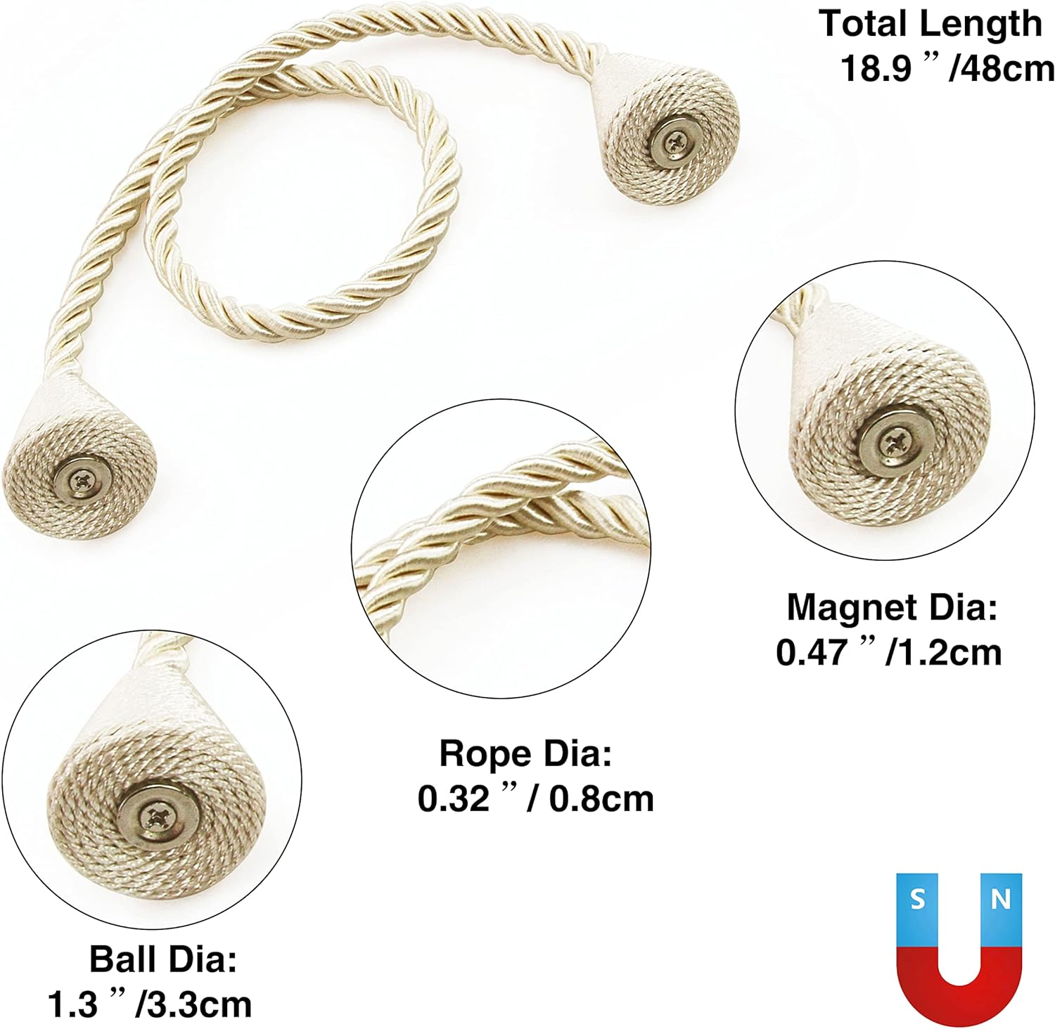 Nieffeiy 2 Pack Magnetic Curtain Tiebacks Rope Modern Handmade Curtain Tie Backs Decorative Drapes Weave Holdbacks for Window D&eacute;cor, Beige