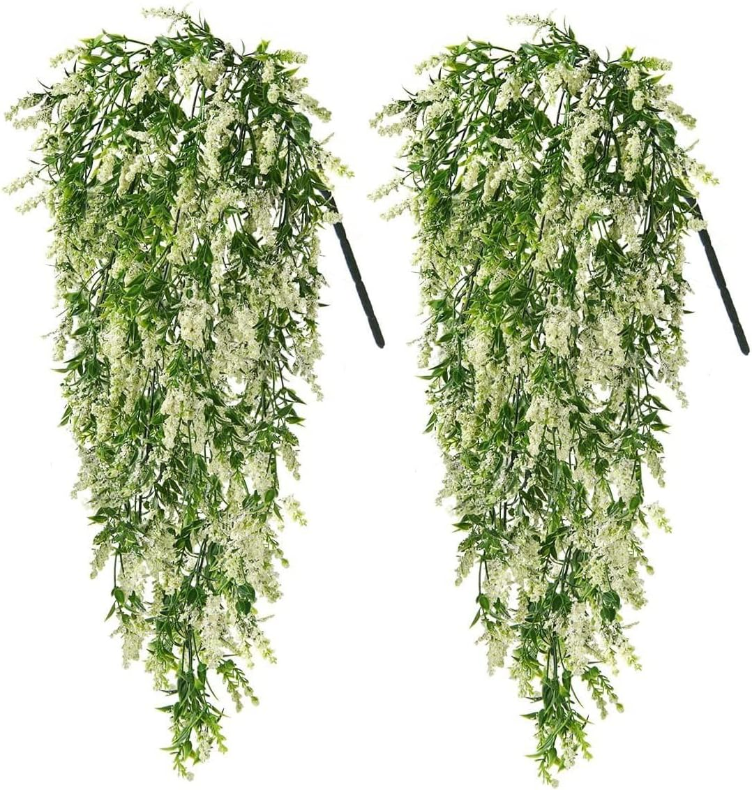 DWIND 2Pcs Artificial Hanging Flowers UV Resistant Lavender Fake Hanging Plants Violet Vines for Wall Home Room Garden Wedding Indoor Outdoor Spring Summer Decoration(Fushia)