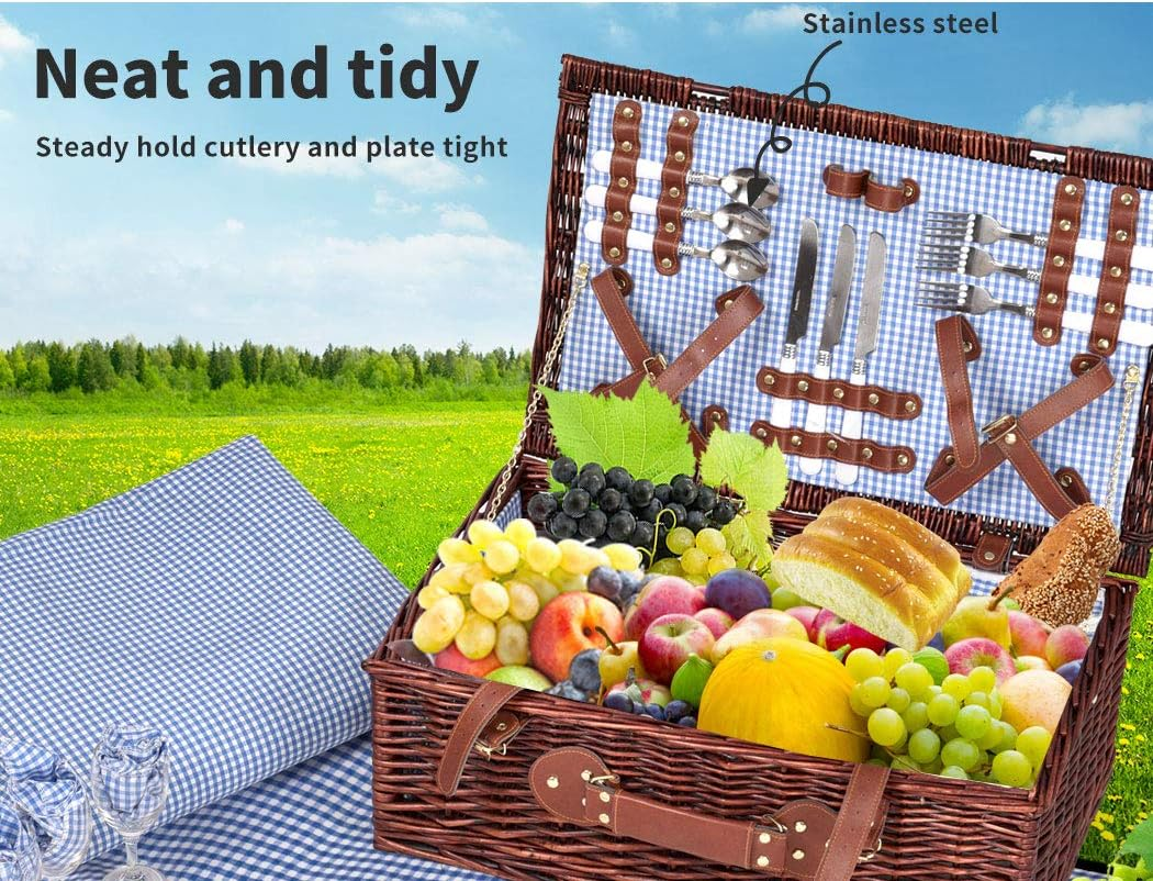 4 Person Picnic Basket Set Baskets Insulated Bag Outdoor Blanket Camping Beach Deluxe Willow Wicker Gift Storage Travel 54Cm X 20Cm X 34Cm