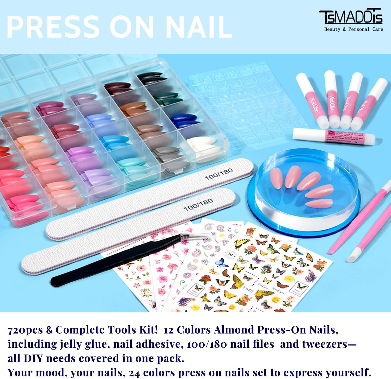 Tsmaddts 720PCS Press on Nails Almond, 24 Colors Short Almond Fake Nails Press on Nails Medium Length with Nail Glues, Nail Tabs, Stickers & Tweezer for Nail Art DIY image number 6