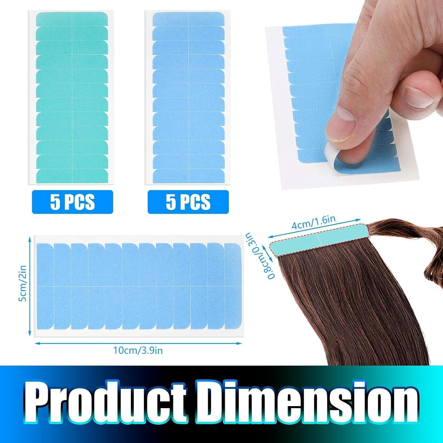 Double Sided Hair Extension 120 Pcs Adhesive Replacement for Hair Extensions, Wig Strips for Fixing Wigs, Hair Pieces (120 Pcs,Blue and Green) image number 4