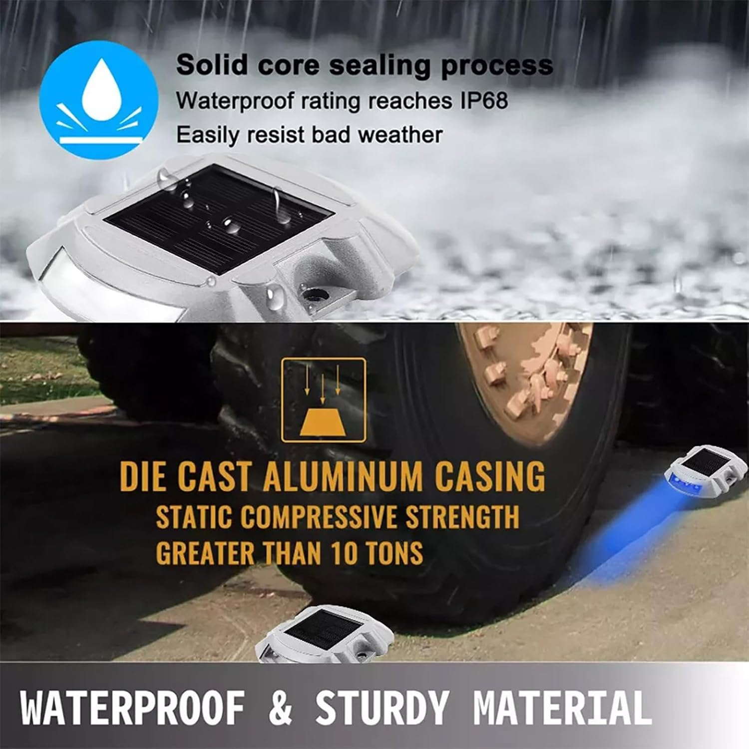 Solar Power Ground Marker Lights - 4 PCK, LED Solar Driveway Deck Light - BAQI KINTSUGI, Waterproof 1000M Viewing Outdoor Driveway Road Stud Lamp, Cast Aluminium Road Highway Spike Lamp image number 1