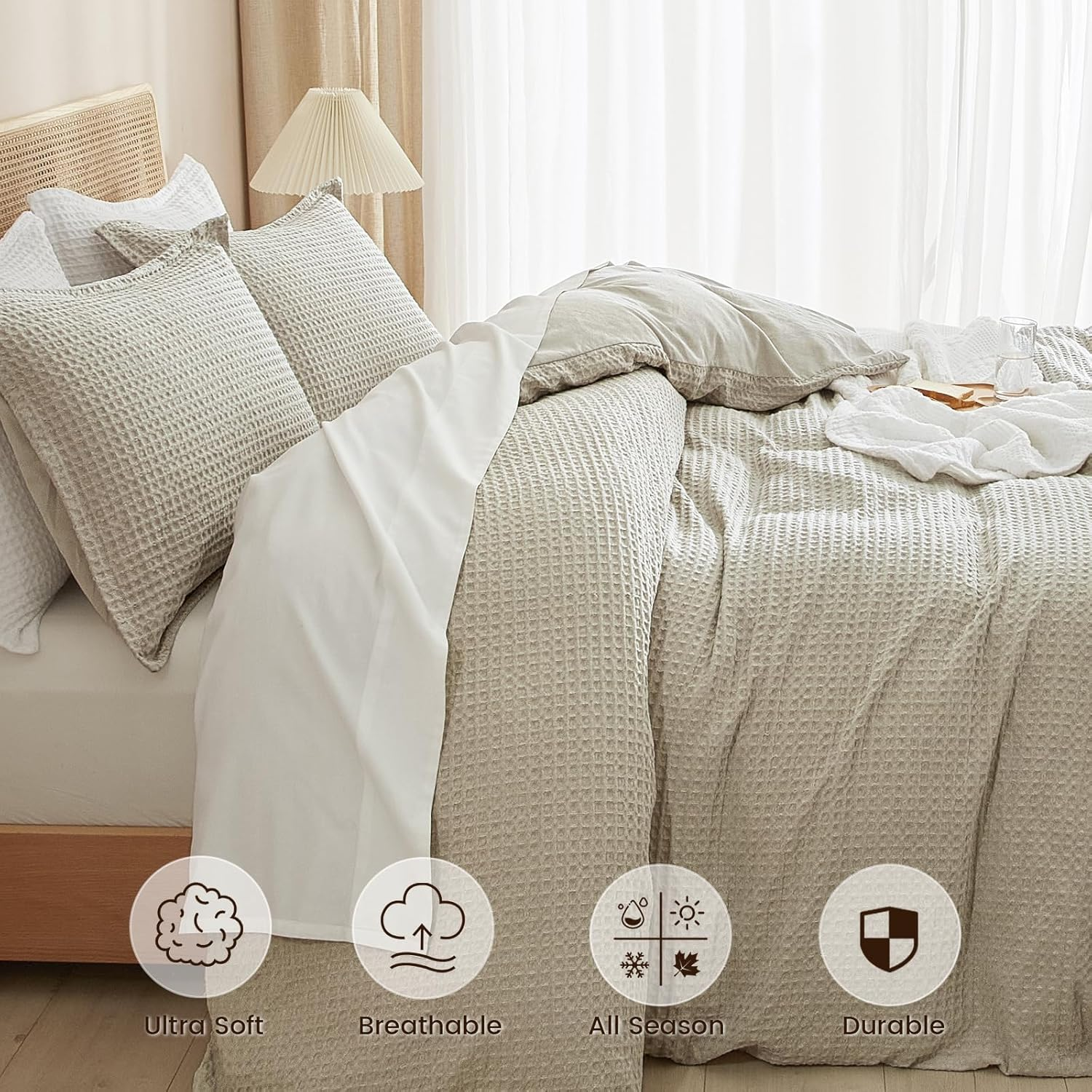 PHF Waffle Weave Duvet Cover Set King Size, No Snagging Ultra Soft Luxury Textured Breathable Comforter Cover for All Season 3Pcs, Durable Bedding Duvet Set with 2 Pillow Shams, 104"X90", Linen image number 6