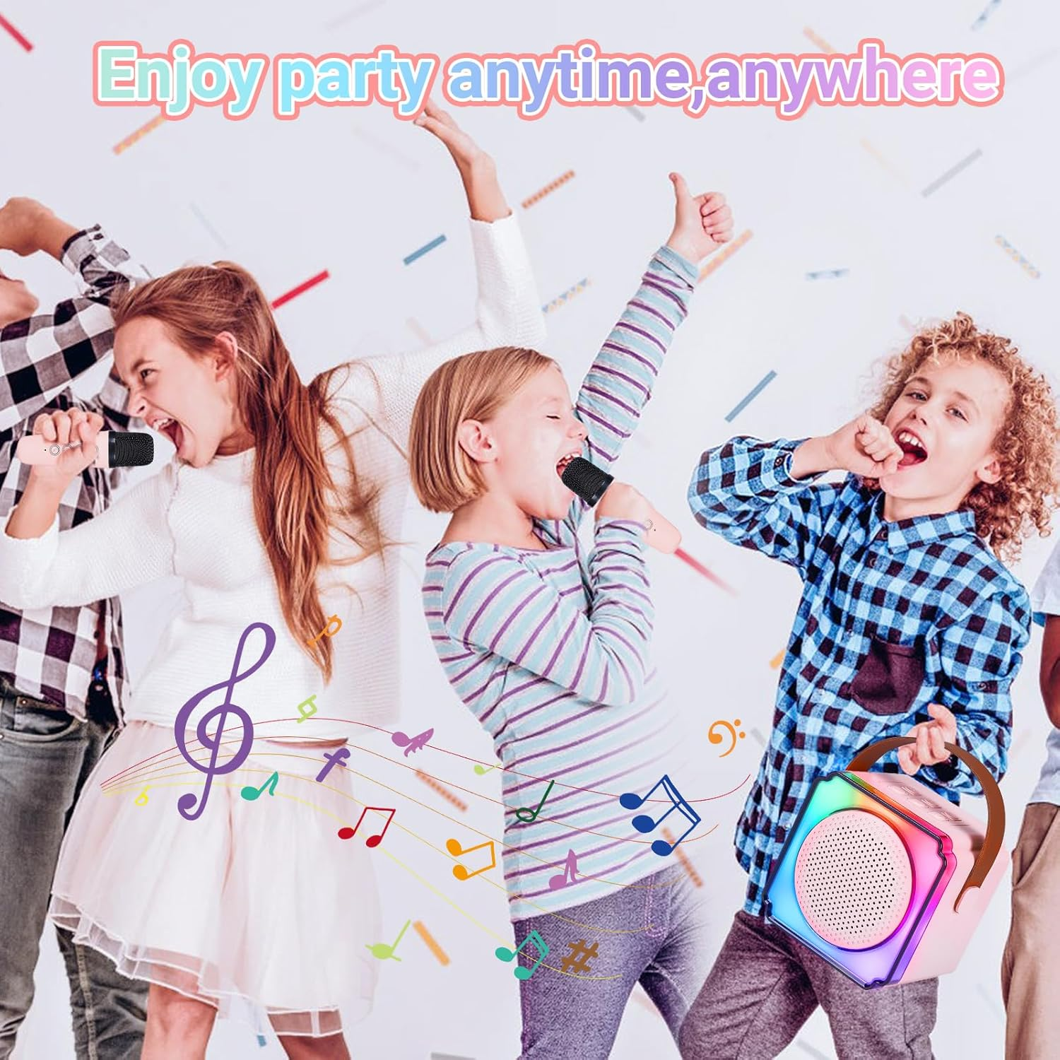 Portable Kids Karaoke Machine with 2 Wireless Microphone, Karaoke Microphone Machine Toy, Mini Bluetooth Speaker Gift with Colorful Lights for Teen Girls Boys Family Home Party Pink image number 4