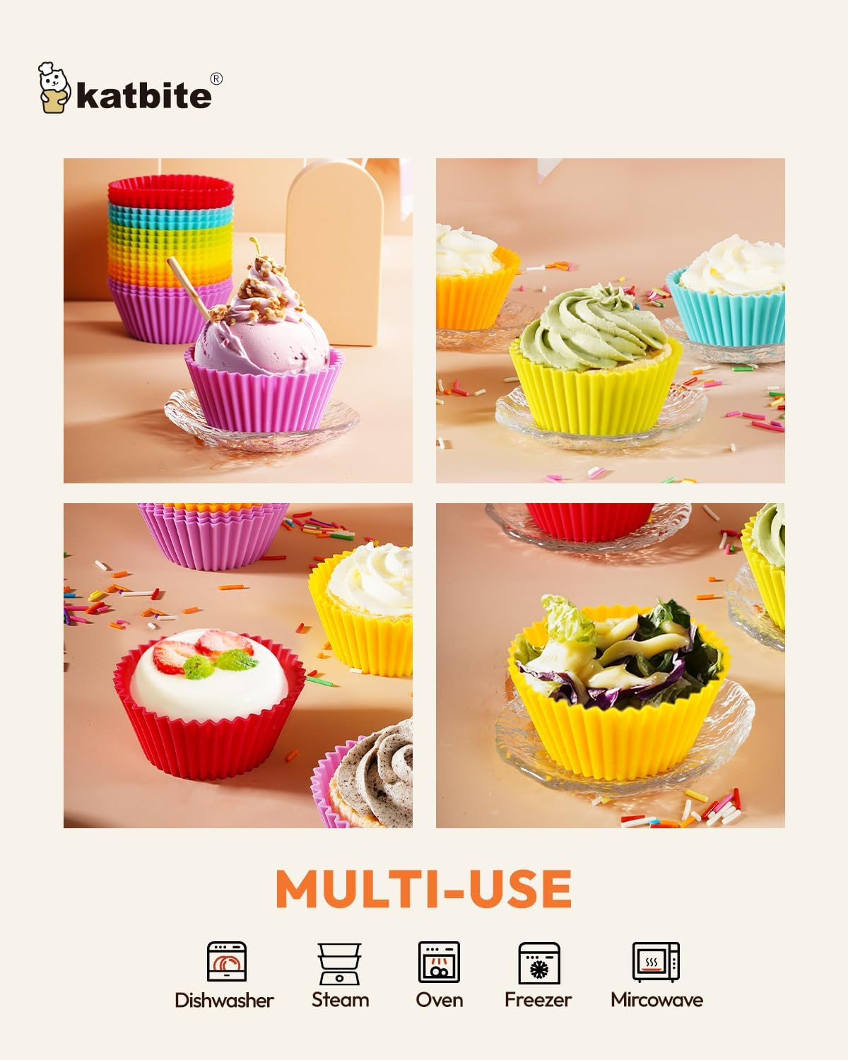 Katbite Reusable Silicone Baking Cups 24 Pack - Non-Stick Muffin Cupcake Liners Set, Thick & Heavy Duty Cupcake Molds - Perfect for Party Halloween Christmas Bakery Supplies, Multicolor image number 4