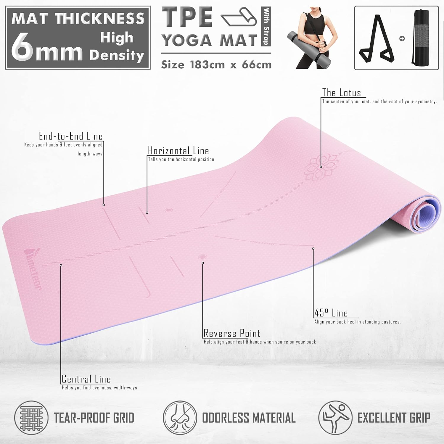 METEOR Essential 6Mm Dual-Tone Yoga Mat with Alignment Lines, TPE Yoga Mat Non-Slip Textured, High-Density Padding for Knee Comfort, Perfect for Yoga, Pilates and Fitness Exercise