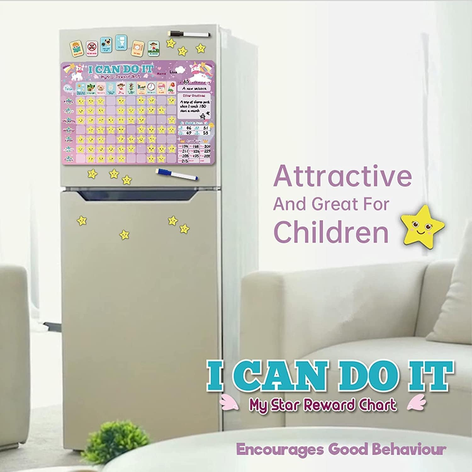 Magnetic Reward Chart/Good Behaviour/Responsibility/Housework Reward/Obvious Chart with Insertable Pen, Behavior Tile and Star Tile 44 * 30Cm (Pink) image number 1