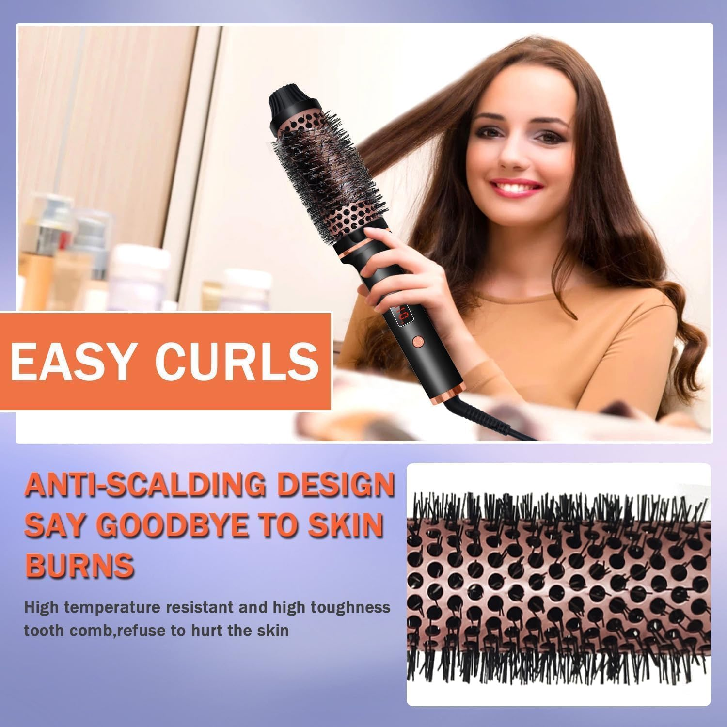 Forubar Thermal Curling Iron Brush, Volumizing Heated round Brush with Ceramic Tourmaline Ionic Technology, Dual Voltage Travel Hairbrush, LCD Display, 10 Temperature Settings image number 6