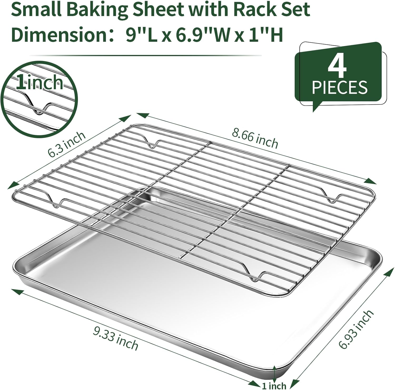 Small Baking Sheet with Cooling Rack Set [2 Baking Pans + 2 Wire Racks], CEKEE Stainless Steel Cookie Sheets for Baking, Heavy Duty & Dishwasher Safe Baking Sheets for Oven, Size 9 X 7 X 1 Inch image number 2