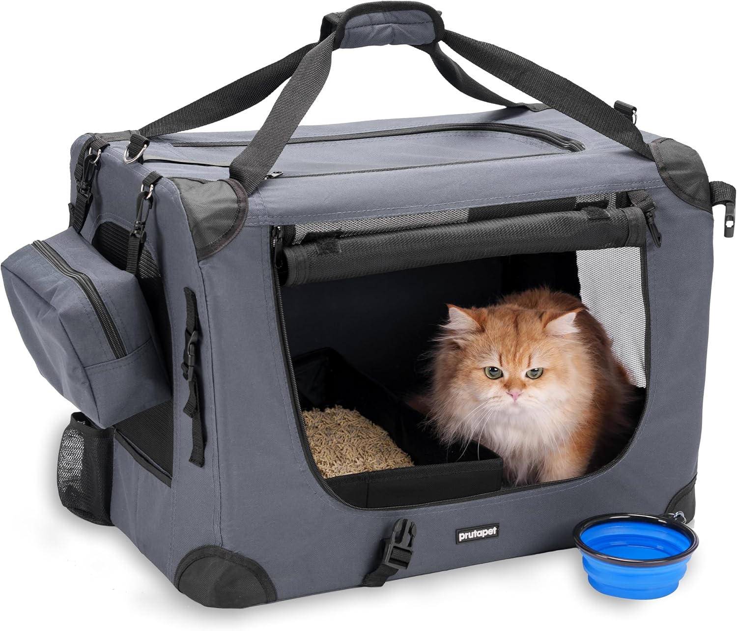 Large Cat Carrier 24"X16.5"X16.5" Soft-Sided Portable Pet Crate for Car Traveling with Collapsible Litter Box and Bowl