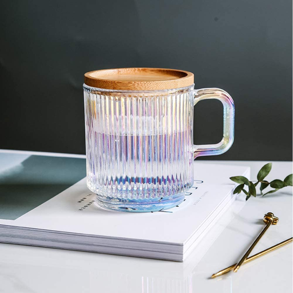 Clear Iridescent Glass Mug with Lid Cherry Blossoms Spoon Tea Mugs Coffee Glass Cup Pretty Mug for Milk Latte Chocolate Juice Water, for Women Girl Birthday Christmas Mother`S Day (White) image number 1