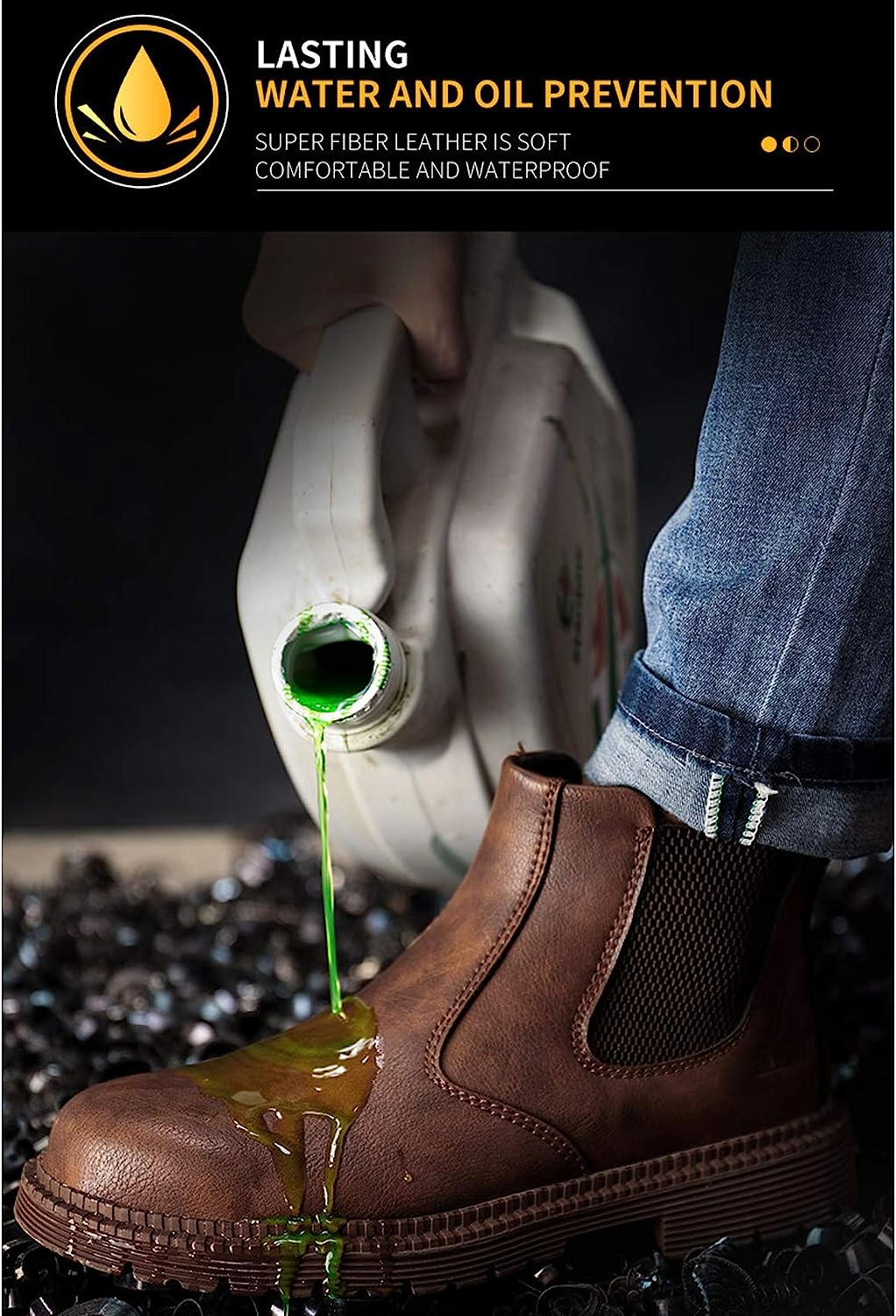 Letuwj Men'S Steel Toe Work Boots Slip on Breathable Quick Dry Safety Leather Indestructible Work Safety Shoes