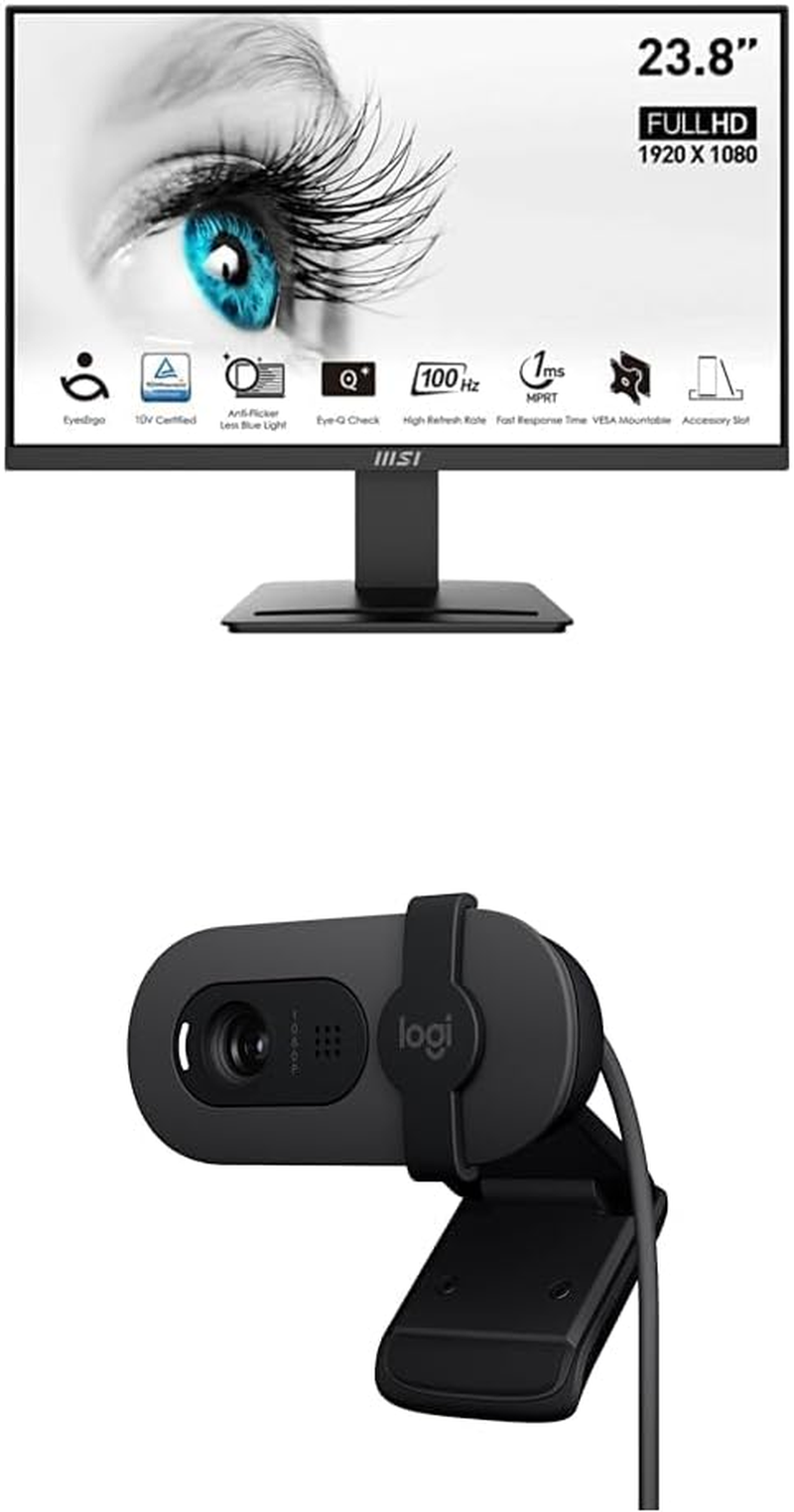 MSI PRO MP2412 23.8" Eye Care Ergonomic Business Computer Monitor & Logitech Brio 100 Full HD Webcam Bundle