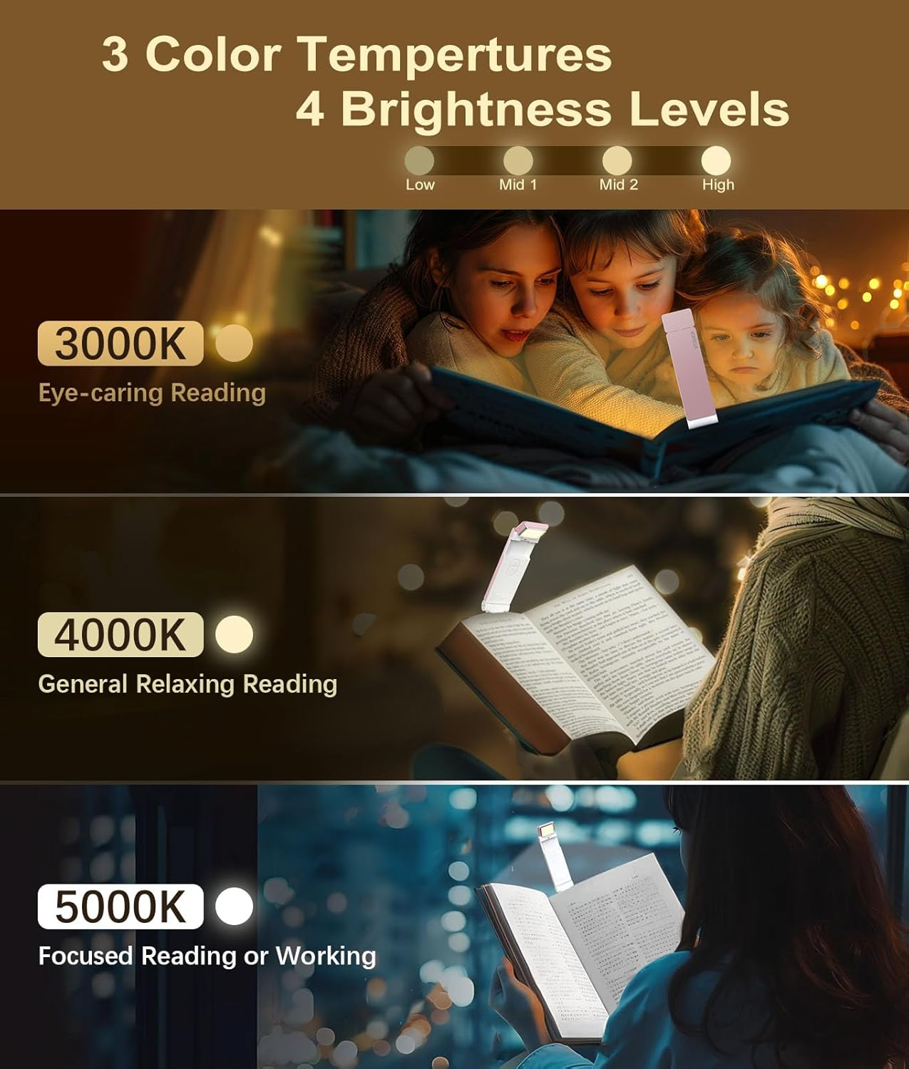 VTIGER Reading Light, USB Rechargeable Book Light for Reading in Bed,Foldable Clip-On LED Booklight, 3 Amber Colors & 4 Brightness Dimmable,Long Lasting Portable Bookmark Lamp for Book Lovers, Kids image number 3
