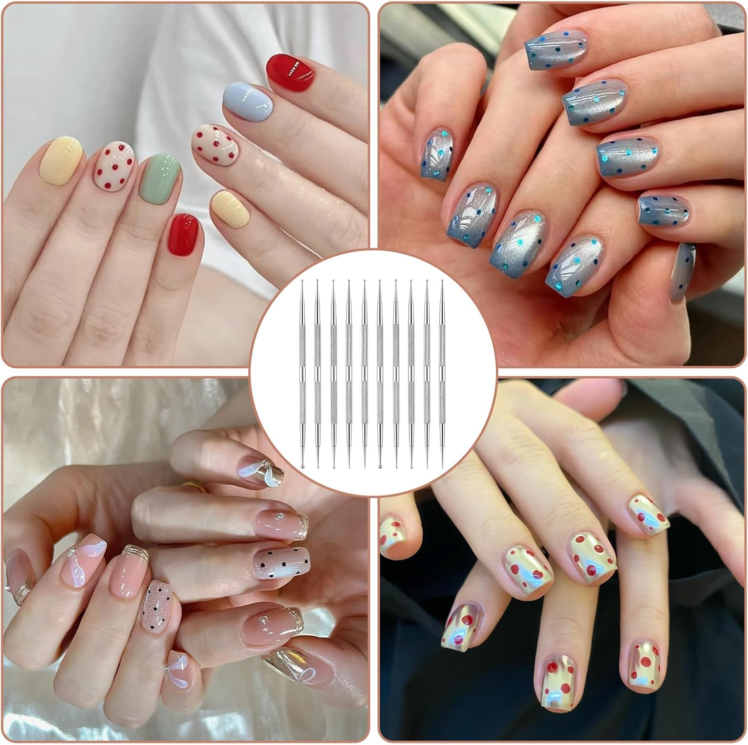 Elevatetech 10 Pcs Nail Dotting Tools, Professional Ball Tip Nail Art Dotting Tools Metal Dual-Ended Dot Pen Tool Nails Art Kit for Nails Design Ball Embossing Sculpting Tracing Pottery Clay Tool