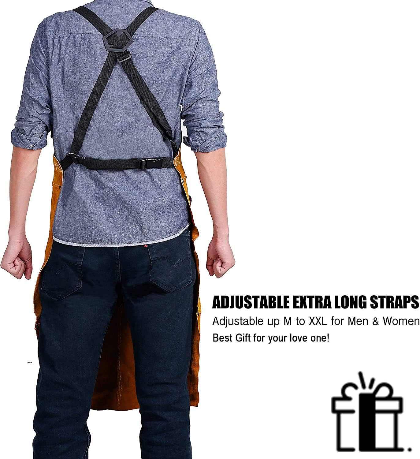 Qeelink Leather Welding Work Apron with 6 Tool Pockets, Heat & Flame Resistant Apron, 24" X 36", Adjustable M to XXXL image number 5