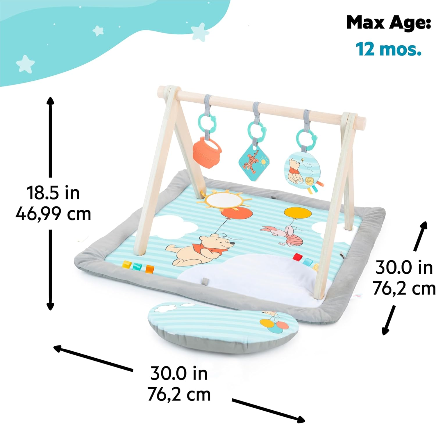 Disney Winnie the Pooh Once upon a Tummy Time Baby Activity Mat with Wooden Toy Bar, Blue, Newborn+ by Bright Starts image number 4