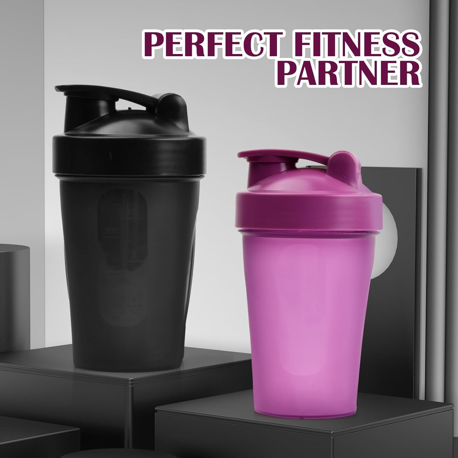 Set of 2 Protein Shaker Bottle 400 Ml Water Bottle Blender Pour Leakage -Proof with Blender Ball Drinking Bottle Bpa Free Nutrition Protein Shaker for Creamy Whey Protein Powder Shakes, Black + Purple image number 3
