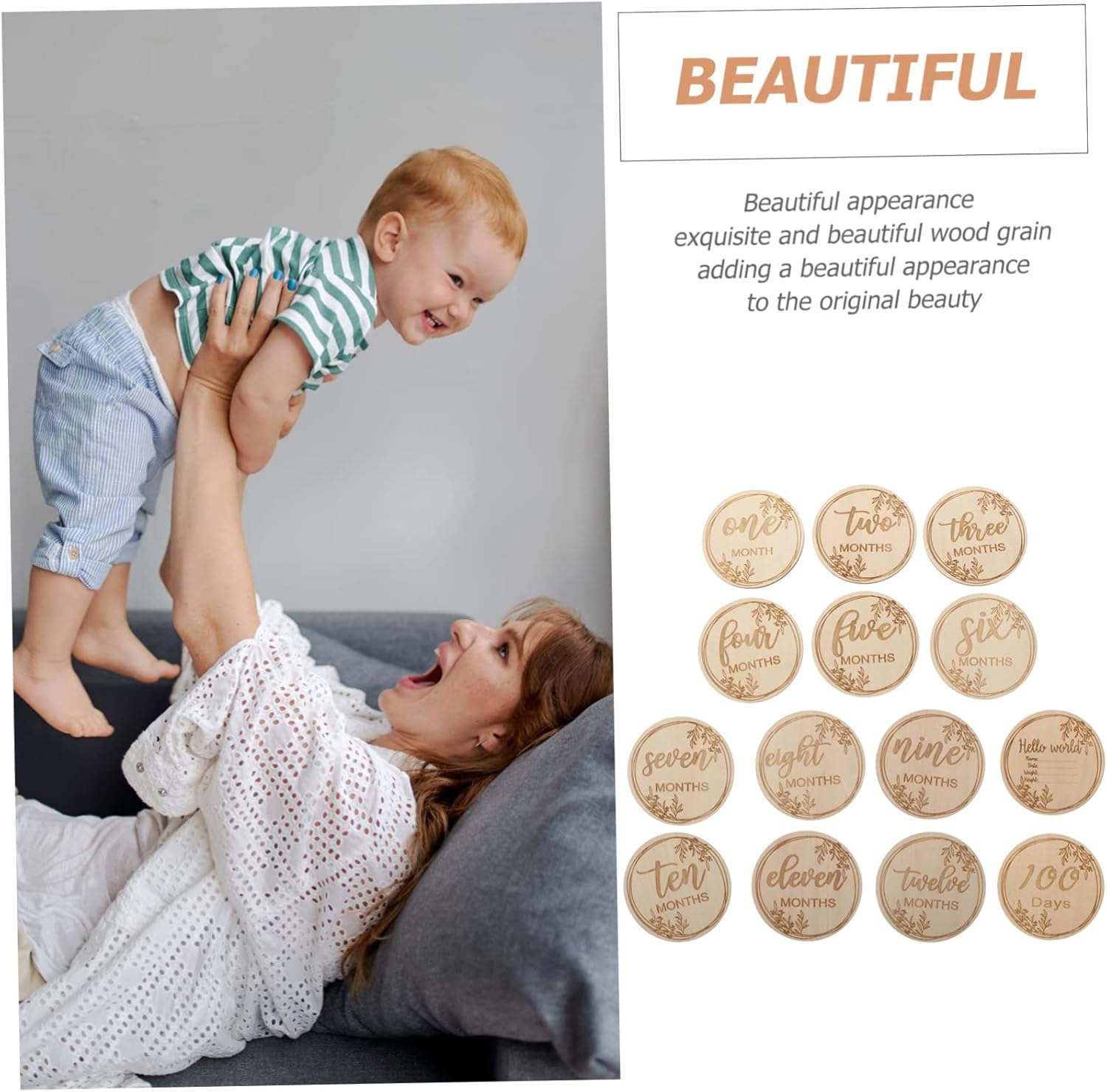 1Set Wooden Monthly Commemorative Cards Smooth Milestone Cards for Newborn Photography Stylish Growth Memory Keepsakes image number 6